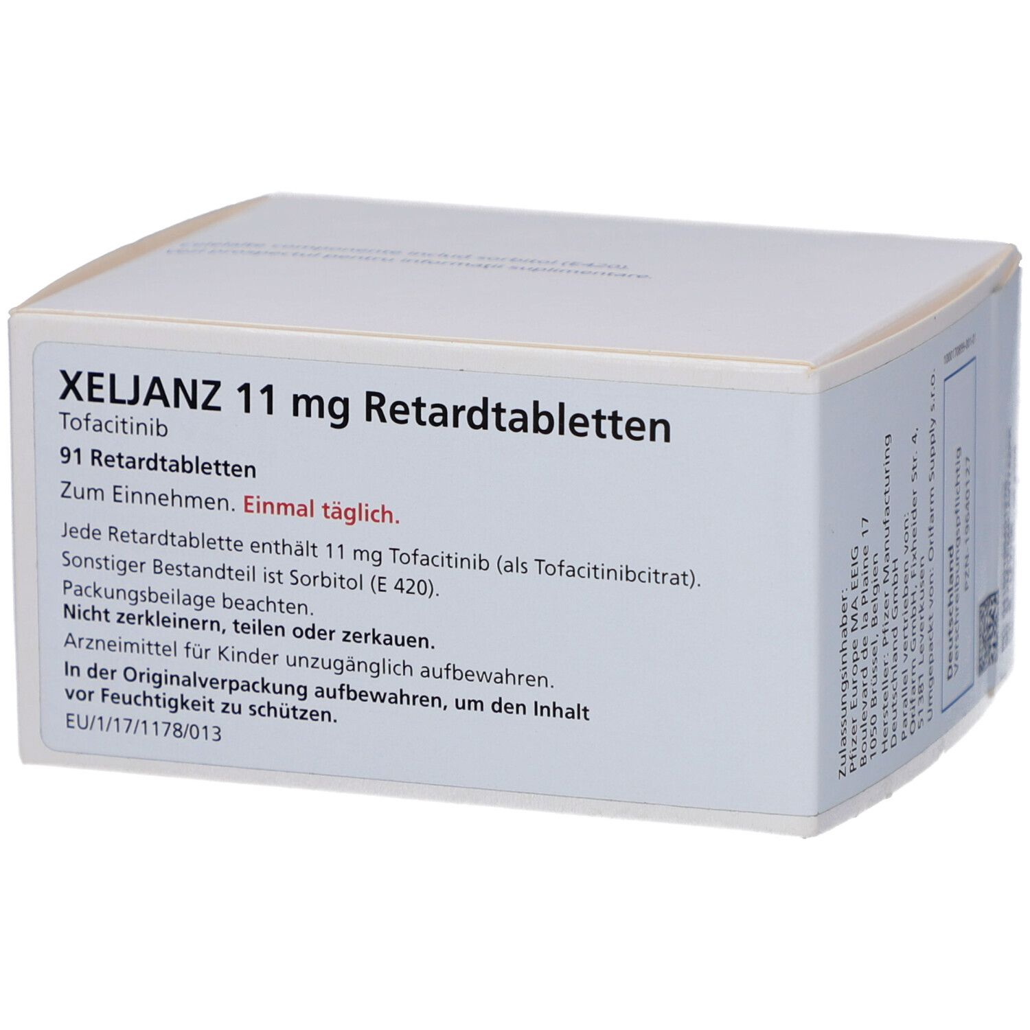 Schachtel mit XELJANZ 11 mg Retardtabletten. Aufschrift: Tofacitinib, 91 Retardtabletten, einmal täglich.