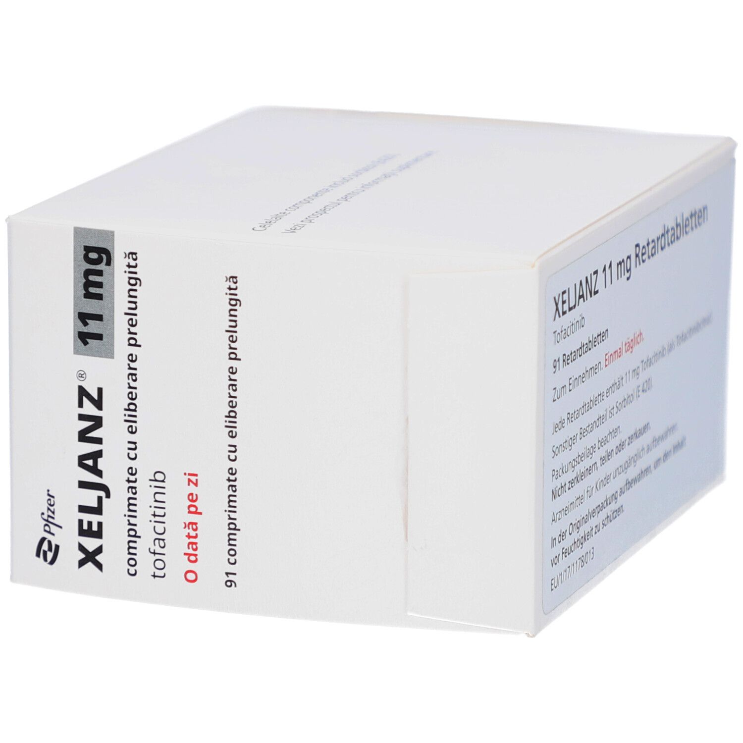 Schachtel mit XELJANZ 11 mg Retardtabletten. Aufschrift: Tofacitinib, 91 Retardtabletten, einmal täglich.