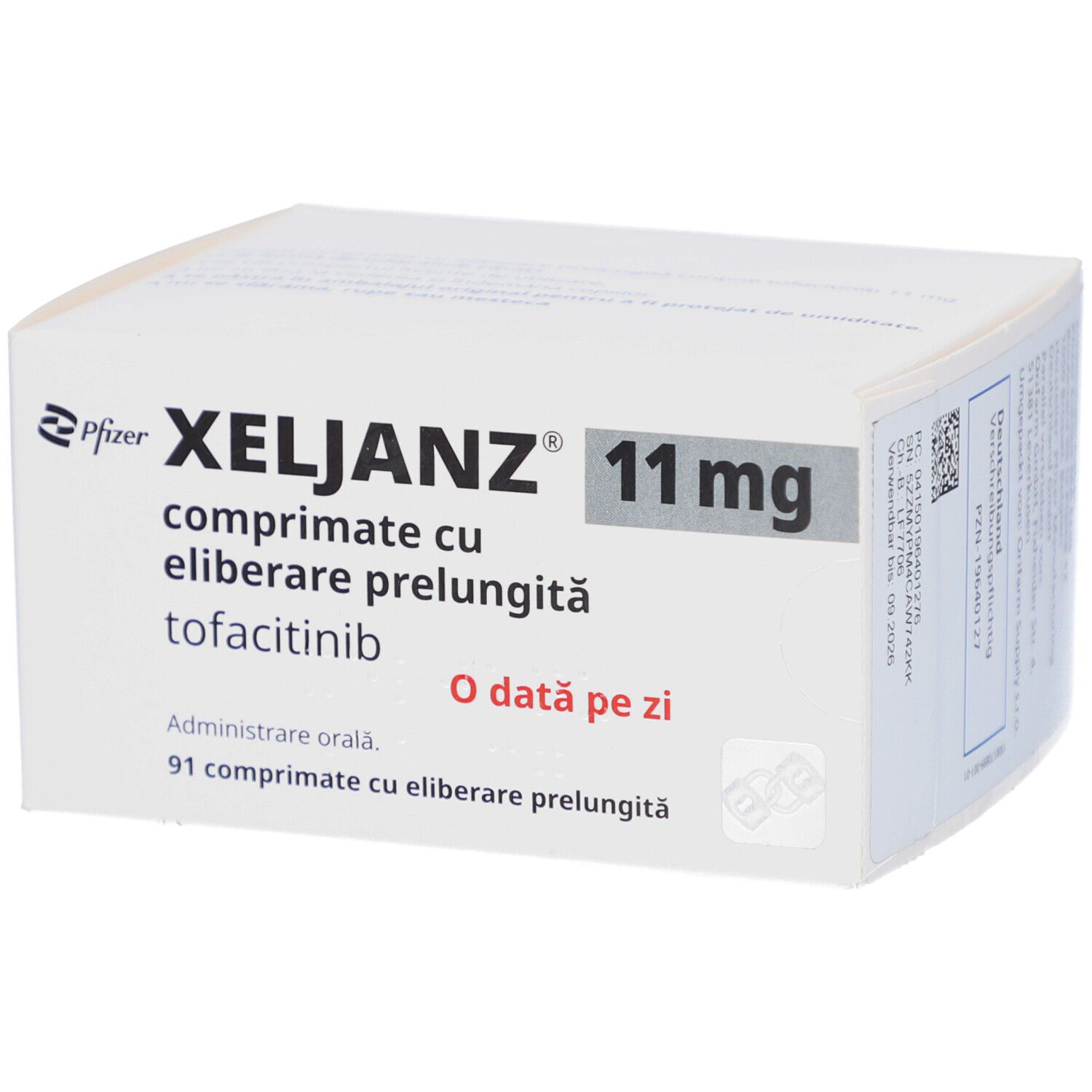 Schachtel mit XELJANZ 11 mg Retardtabletten. Aufschrift: Tofacitinib, 91 Retardtabletten, einmal täglich.