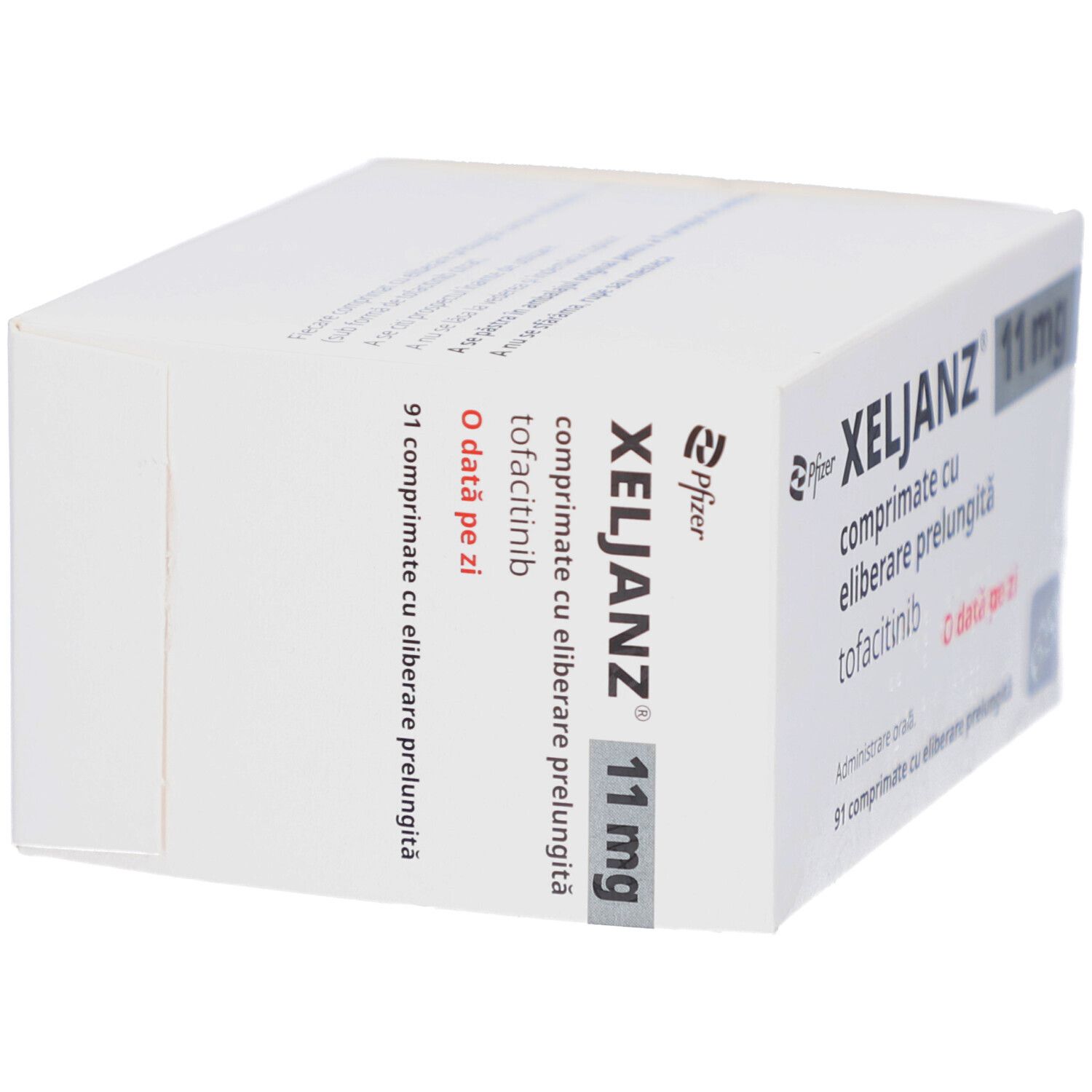 Schachtel mit XELJANZ 11 mg Retardtabletten. Aufschrift: Tofacitinib, 91 Retardtabletten, einmal täglich.