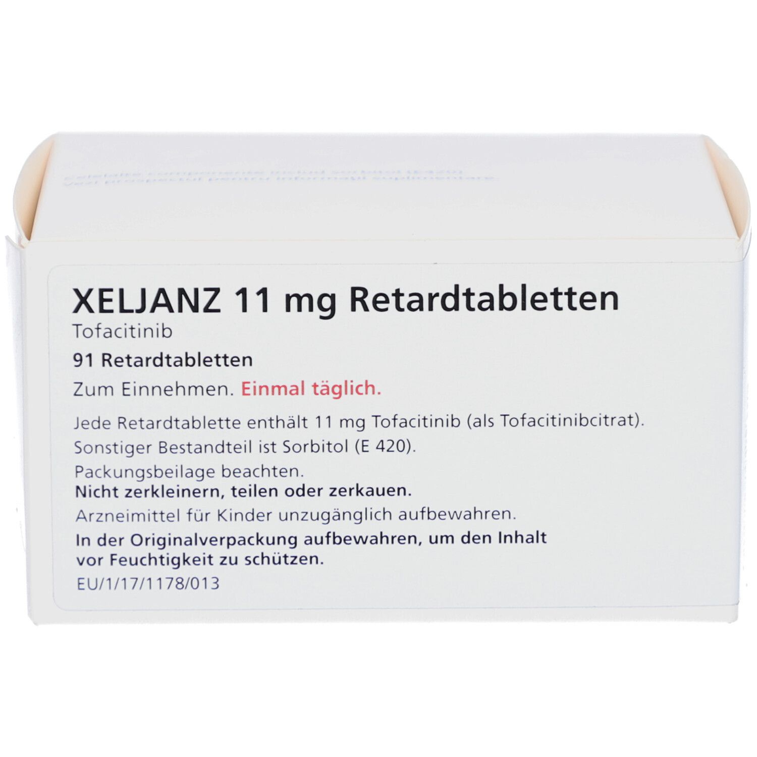 Schachtel mit XELJANZ 11 mg Retardtabletten. Aufschrift: Tofacitinib, 91 Retardtabletten, einmal täglich.