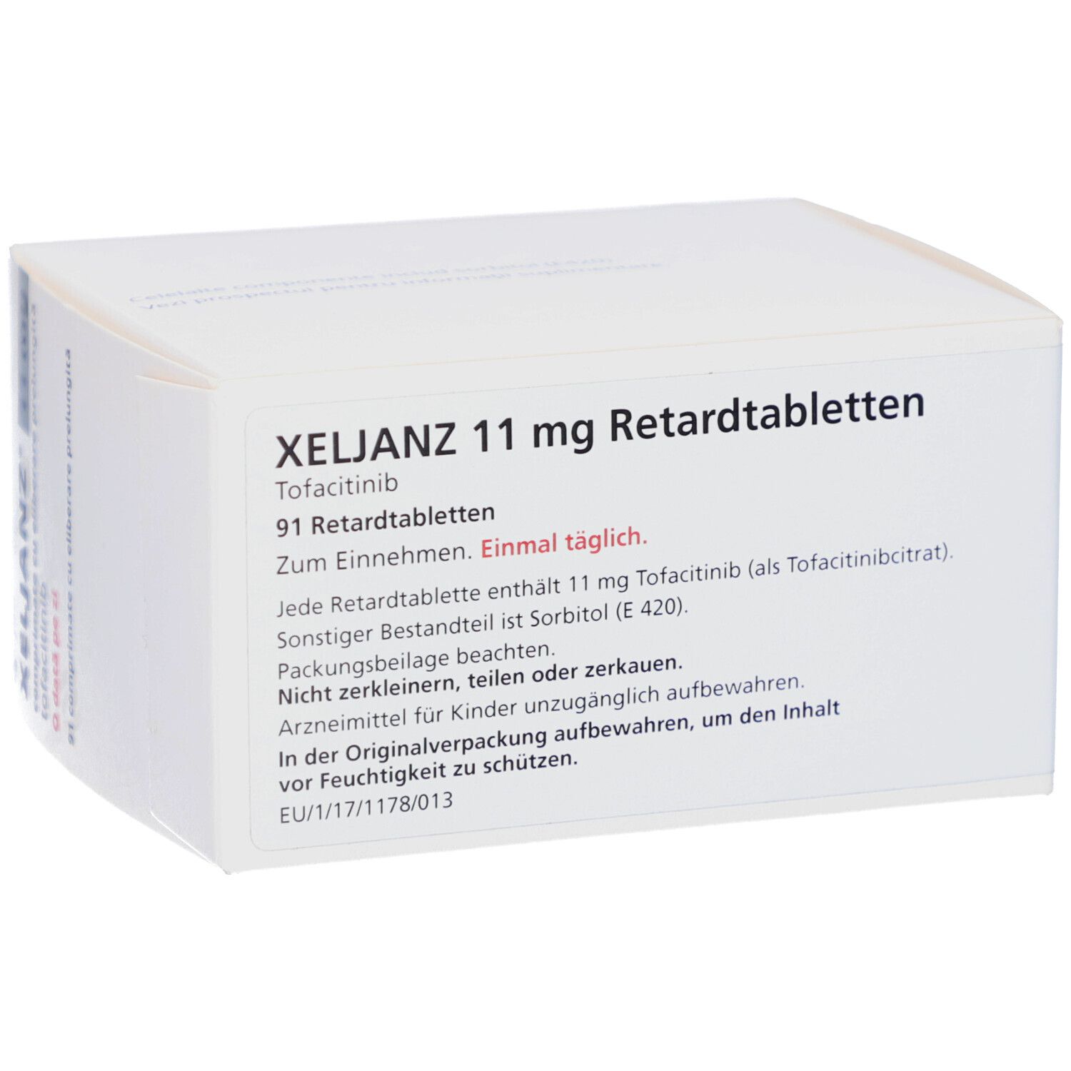 Schachtel mit XELJANZ 11 mg Retardtabletten. Aufschrift: Tofacitinib, 91 Retardtabletten, einmal täglich.