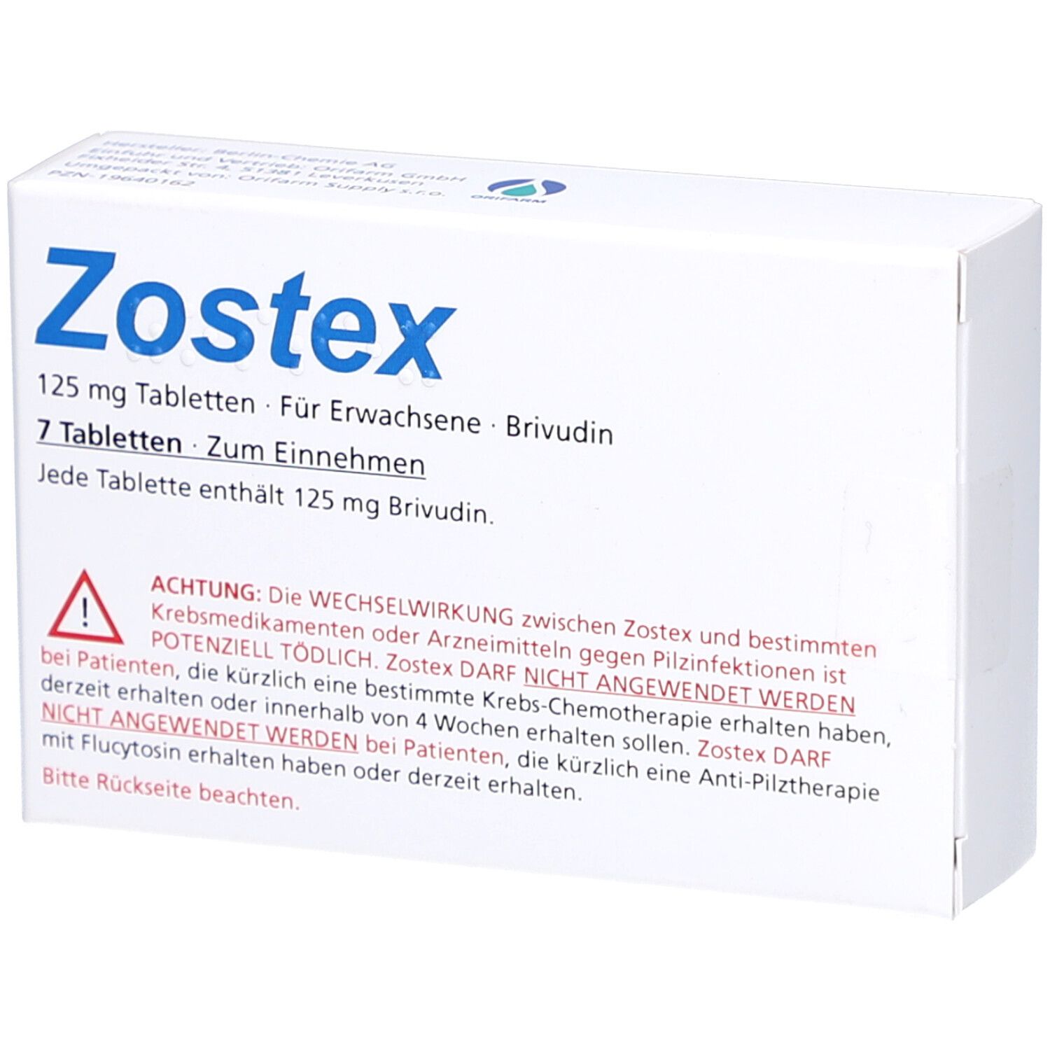 Weiße Schachtel mit blauer Aufschrift Zostex. Enthält 7 Tabletten. Warnhinweis: Wechselwirkung mit Krebsmedikamenten.