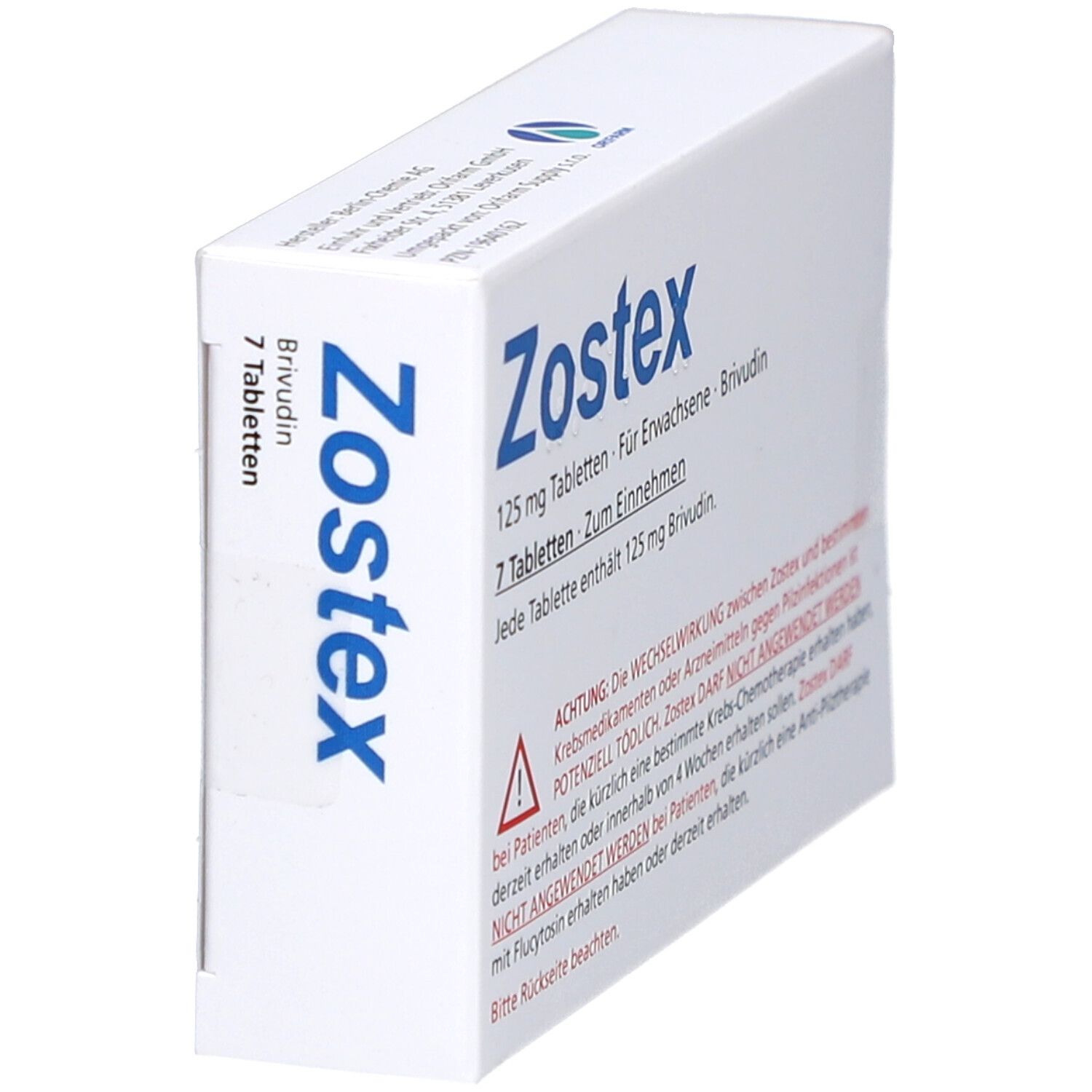 Schachtel Zostex, schräg. Blaue Schrift auf weißem Hintergrund. Enthält 7 Tabletten. Warnhinweis auf der Seite.