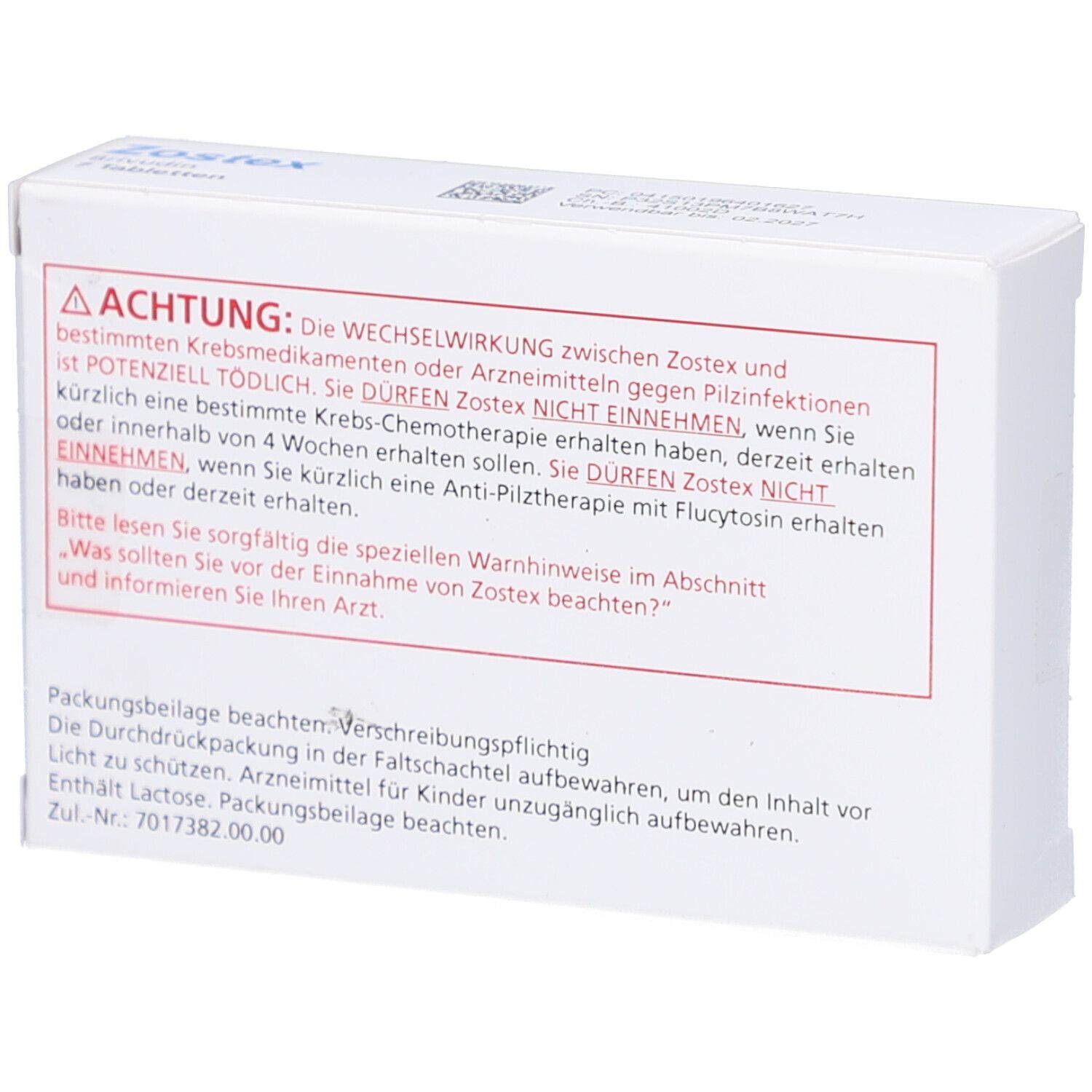 Rückseite der Zostex-Schachtel. Enthält Warnhinweise und Informationen. Weißer Hintergrund mit roter Warnung.
