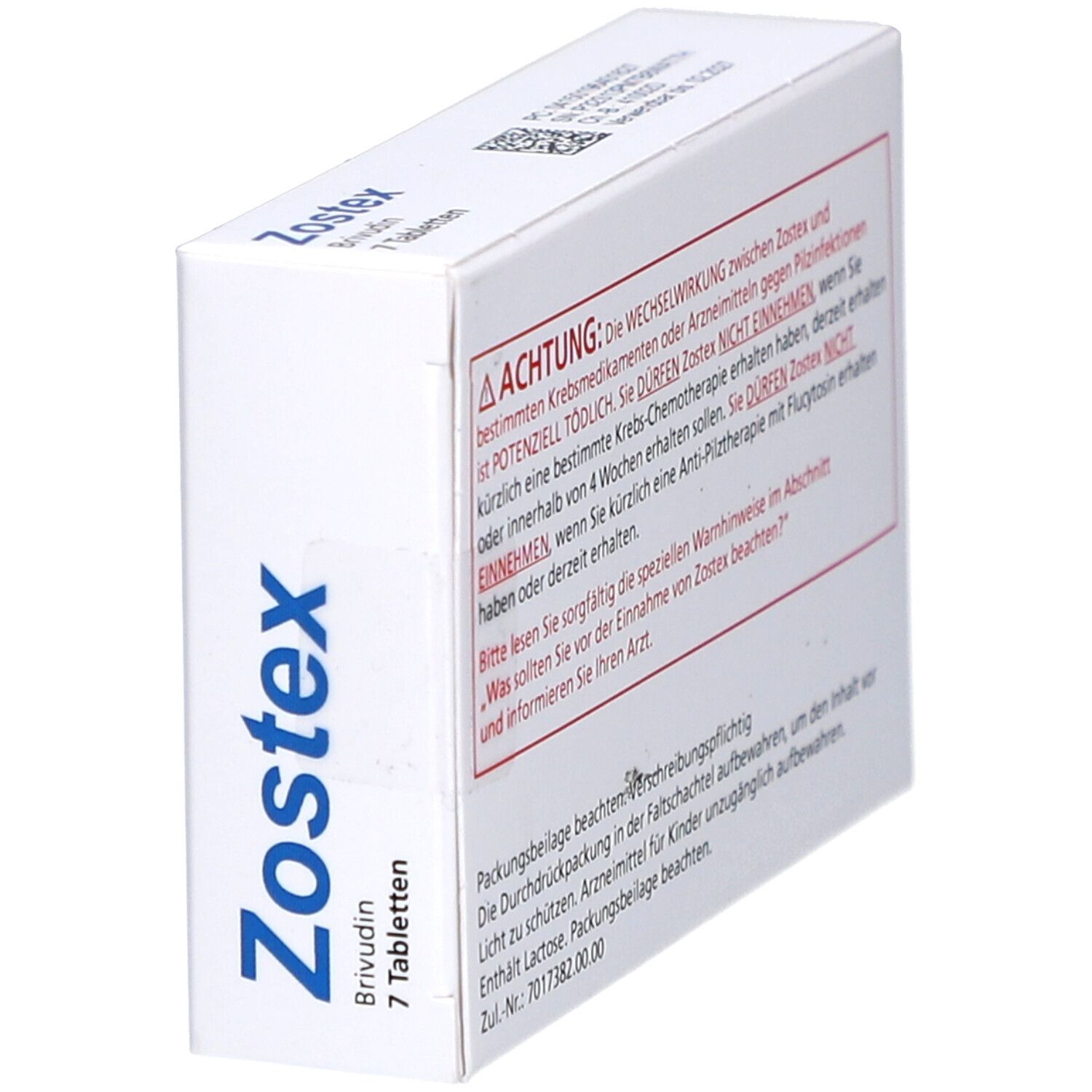 Zostex-Schachtel, schräg. Blaue Schrift auf weißem Hintergrund. Enthält 7 Tabletten. Warnhinweis auf der Seite.