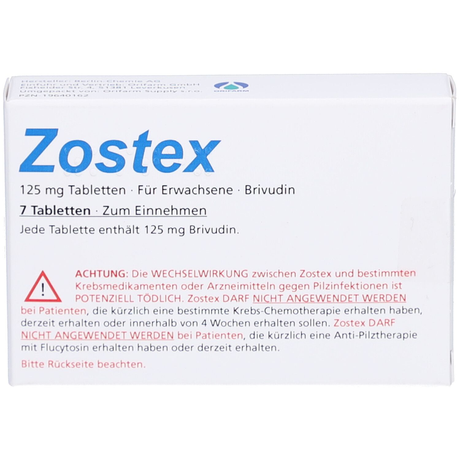 Weiße Schachtel mit blauer Aufschrift Zostex. Enthält 7 Tabletten. Warnhinweis: Wechselwirkung mit Krebsmedikamenten.