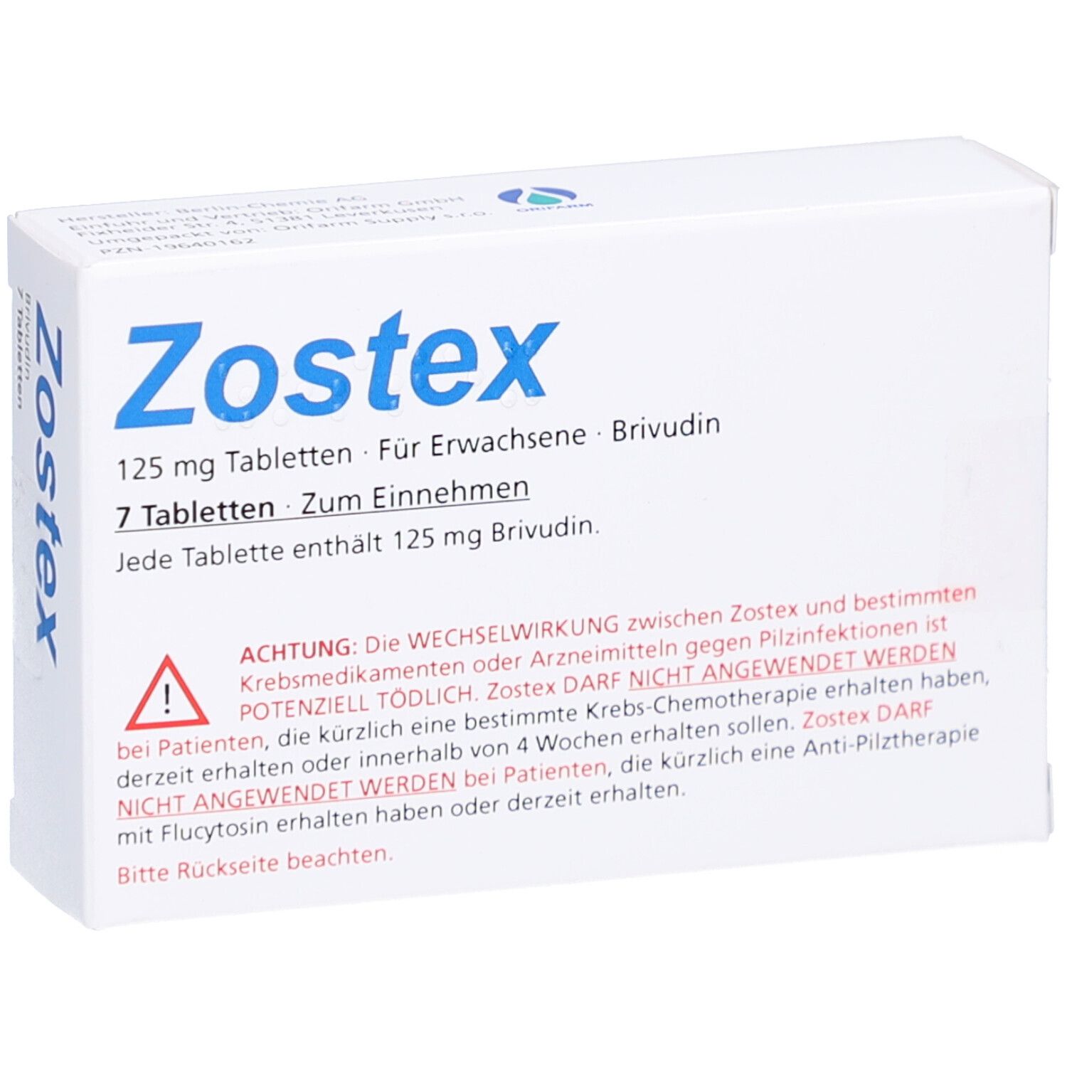 Weiße Schachtel mit blauer Aufschrift Zostex. Enthält 7 Tabletten. Warnhinweis: Wechselwirkung mit Krebsmedikamenten.