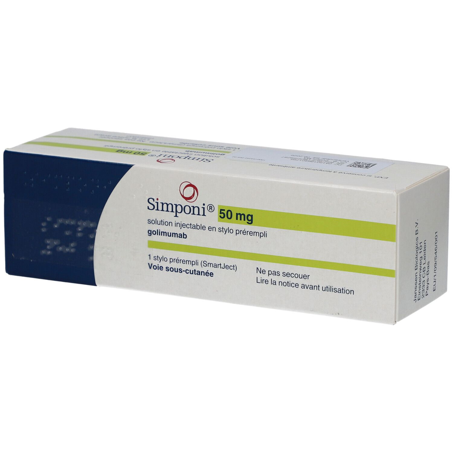 Schachtel SIMPONI 50 mg. Aufschrift: Injektionslösung in Fertigpen, 1 Fertigpen (SmartJect).