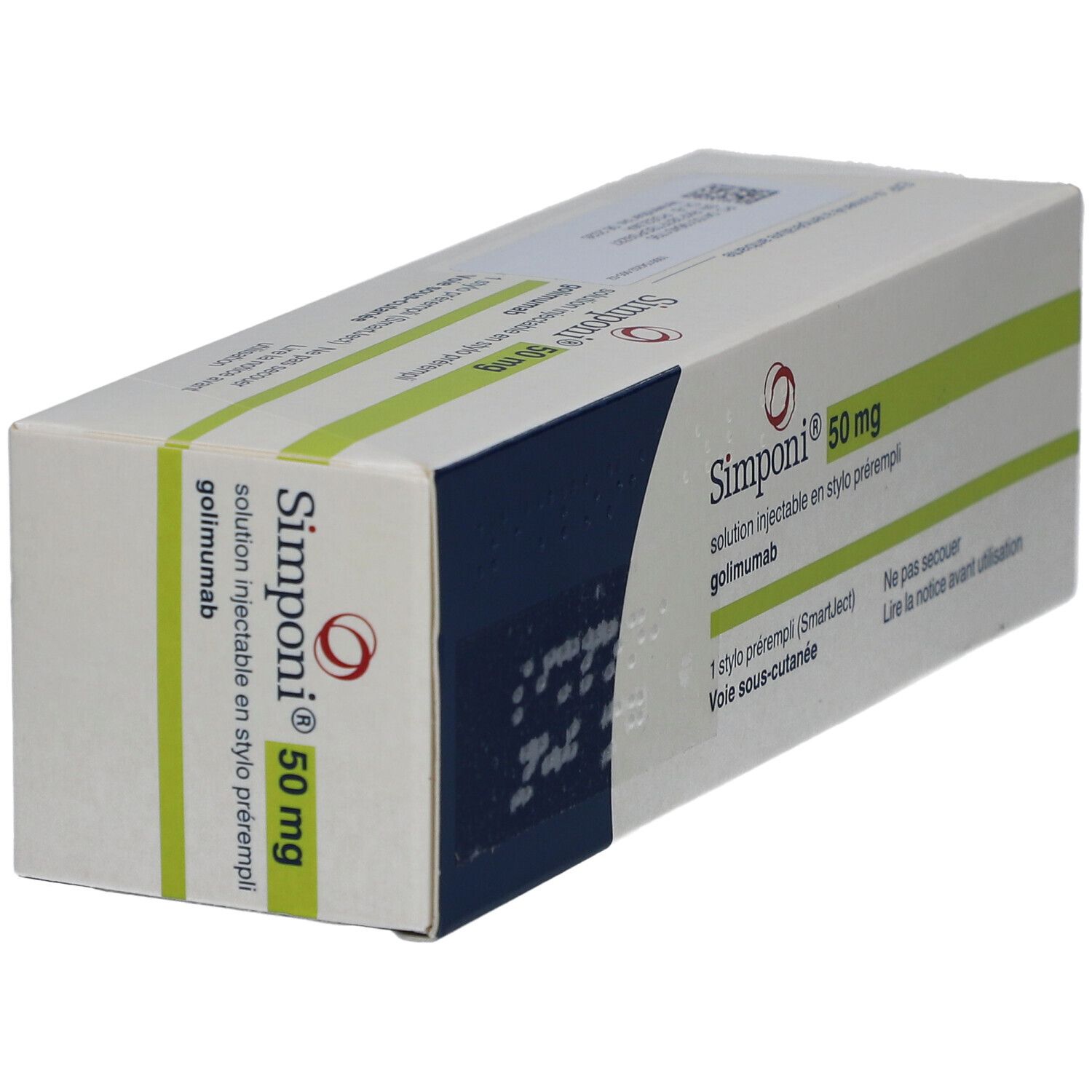 Schachtel SIMPONI 50 mg. Aufschrift: Injektionslösung in Fertigpen, 1 Fertigpen (SmartJect).