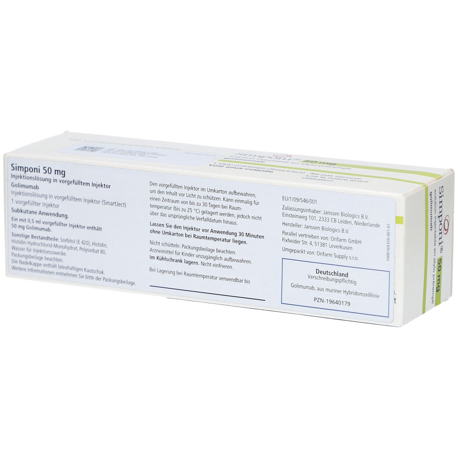 Schachtel SIMPONI 50 mg. Rückseite mit Text. Aufschrift: Injektionslösung in Fertigpen, 1 Fertigpen.