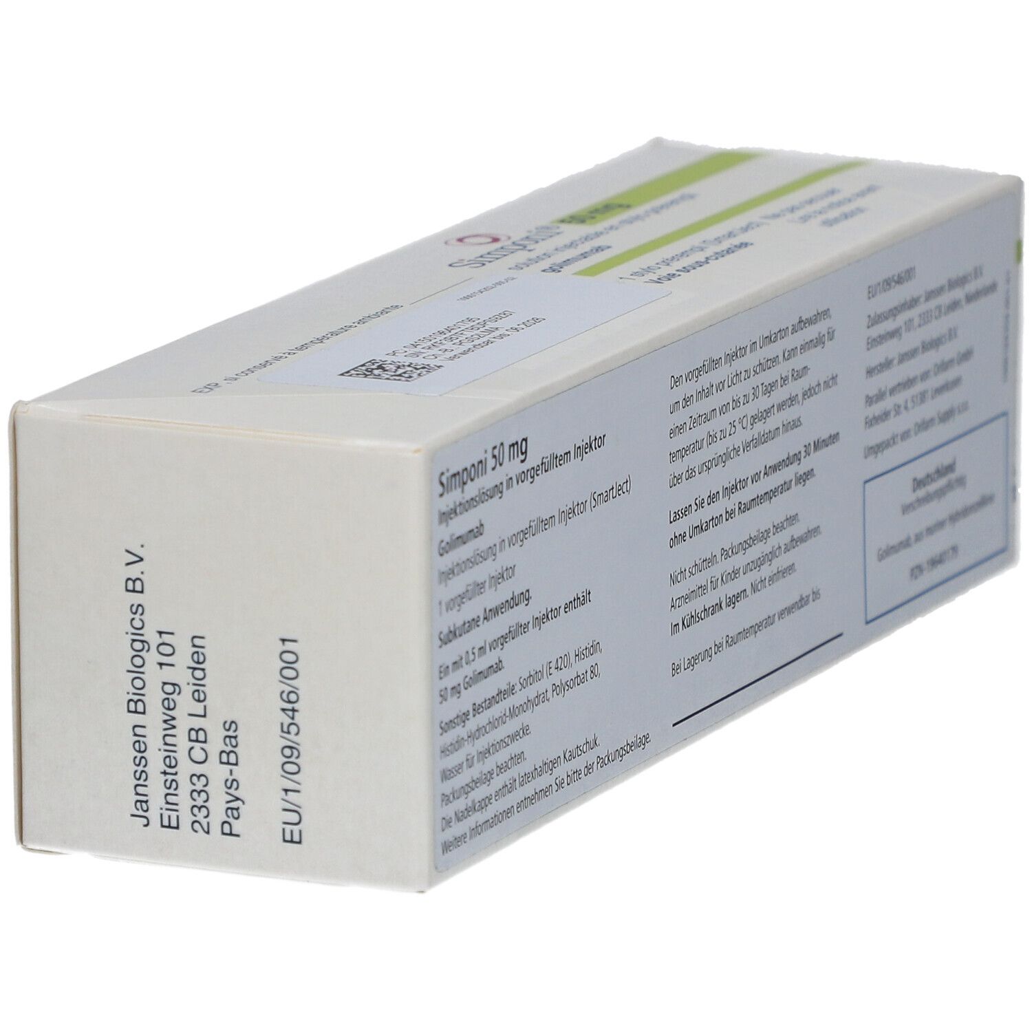 Schachtel SIMPONI 50 mg. Rückseite mit Text. Aufschrift: Injektionslösung in Fertigpen, 1 Fertigpen.