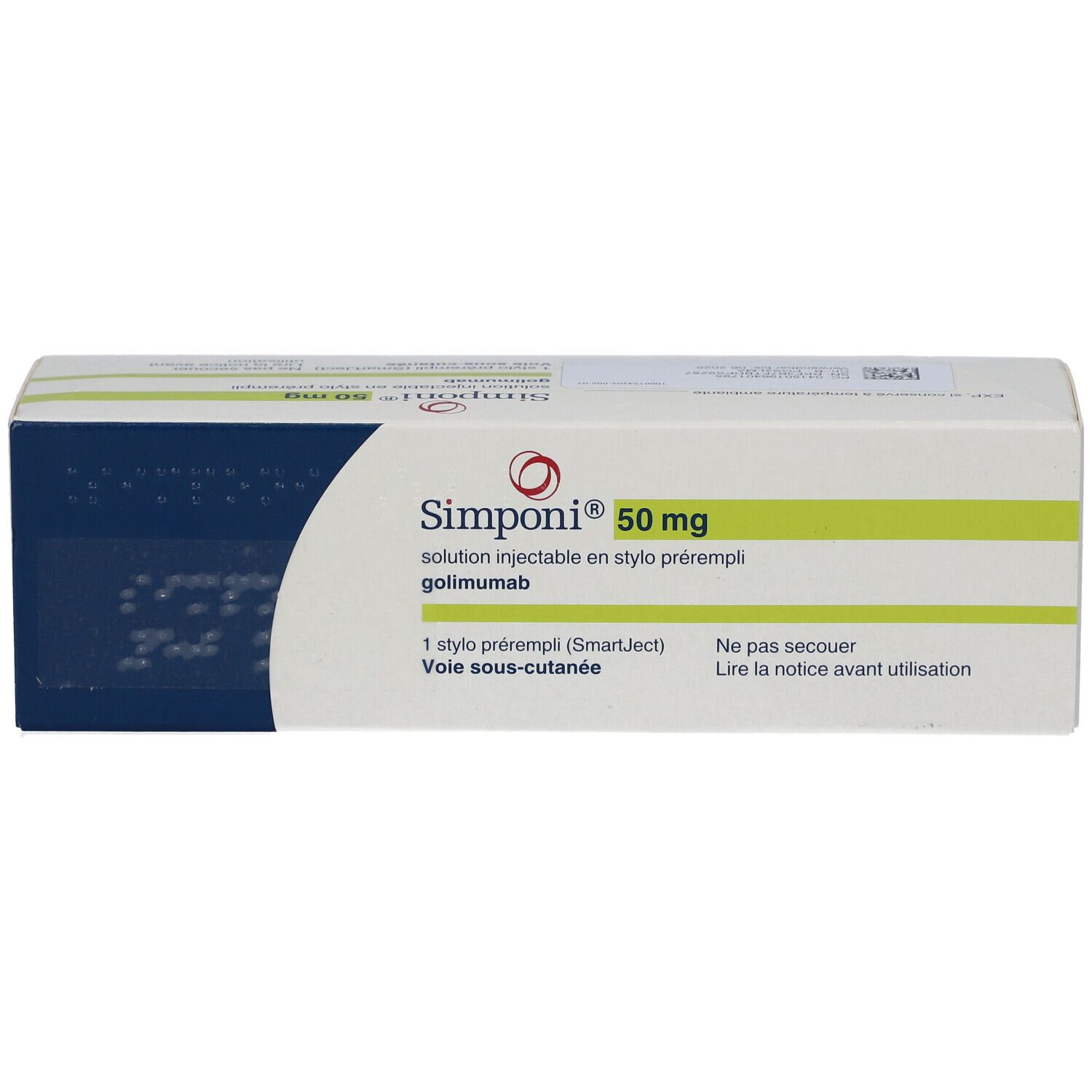 Schachtel SIMPONI 50 mg. Aufschrift: Injektionslösung in Fertigpen, 1 Fertigpen (SmartJect).
