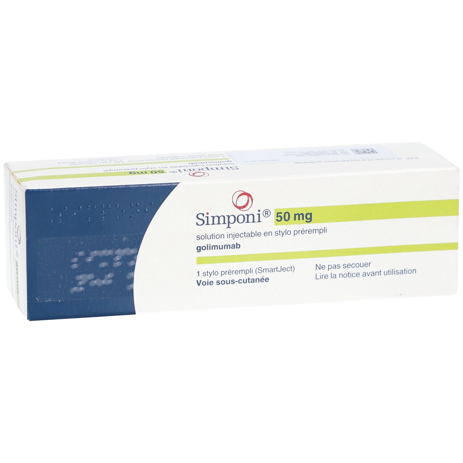 Schachtel SIMPONI 50 mg. Aufschrift: Injektionslösung in Fertigpen, 1 Fertigpen (SmartJect).