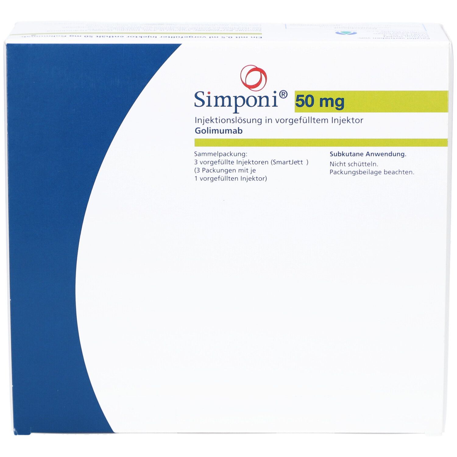 Weiße Verpackung mit blauer und grüner Beschriftung. Aufschrift: Simponi 50 mg Injektionslösung.