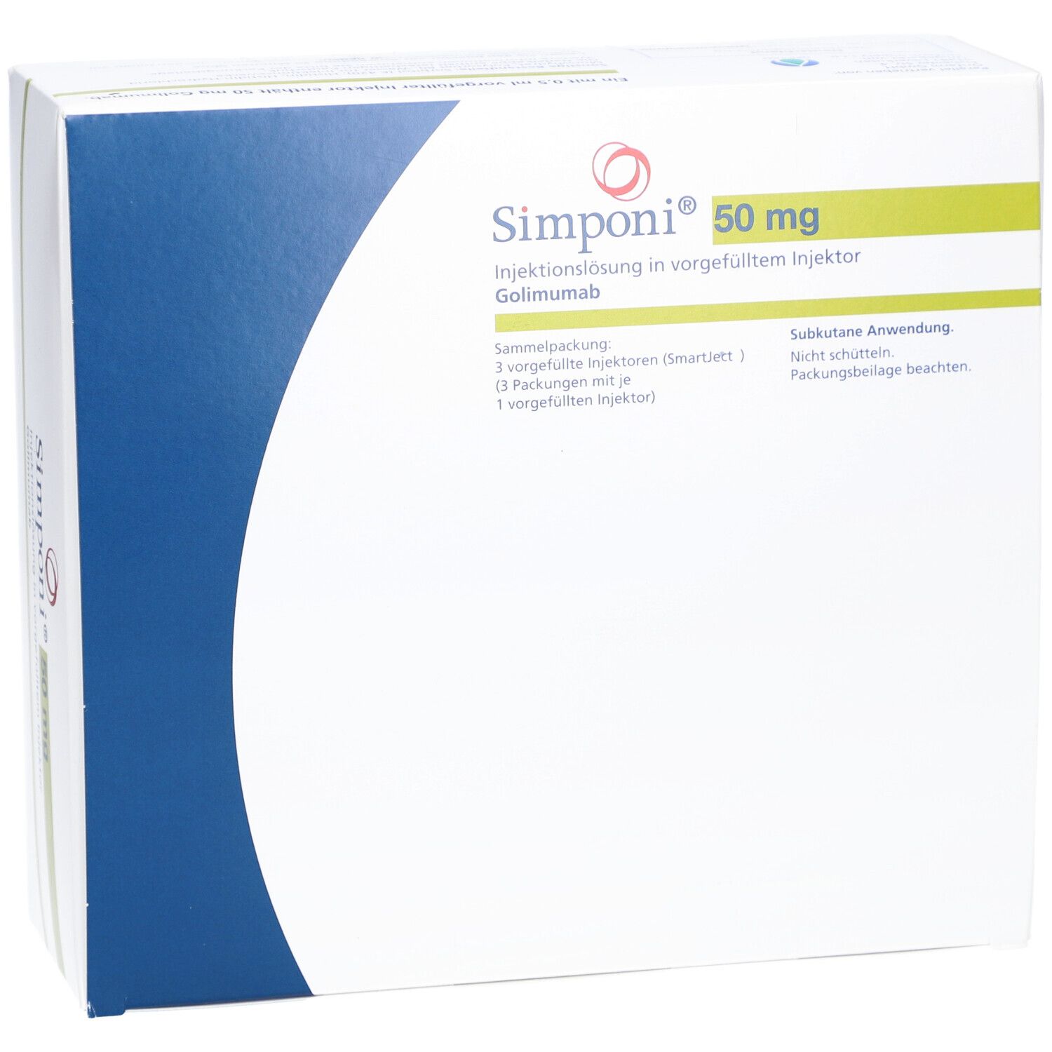 Weiße Verpackung mit blauer und grüner Beschriftung. Aufschrift: Simponi 50 mg Injektionslösung.