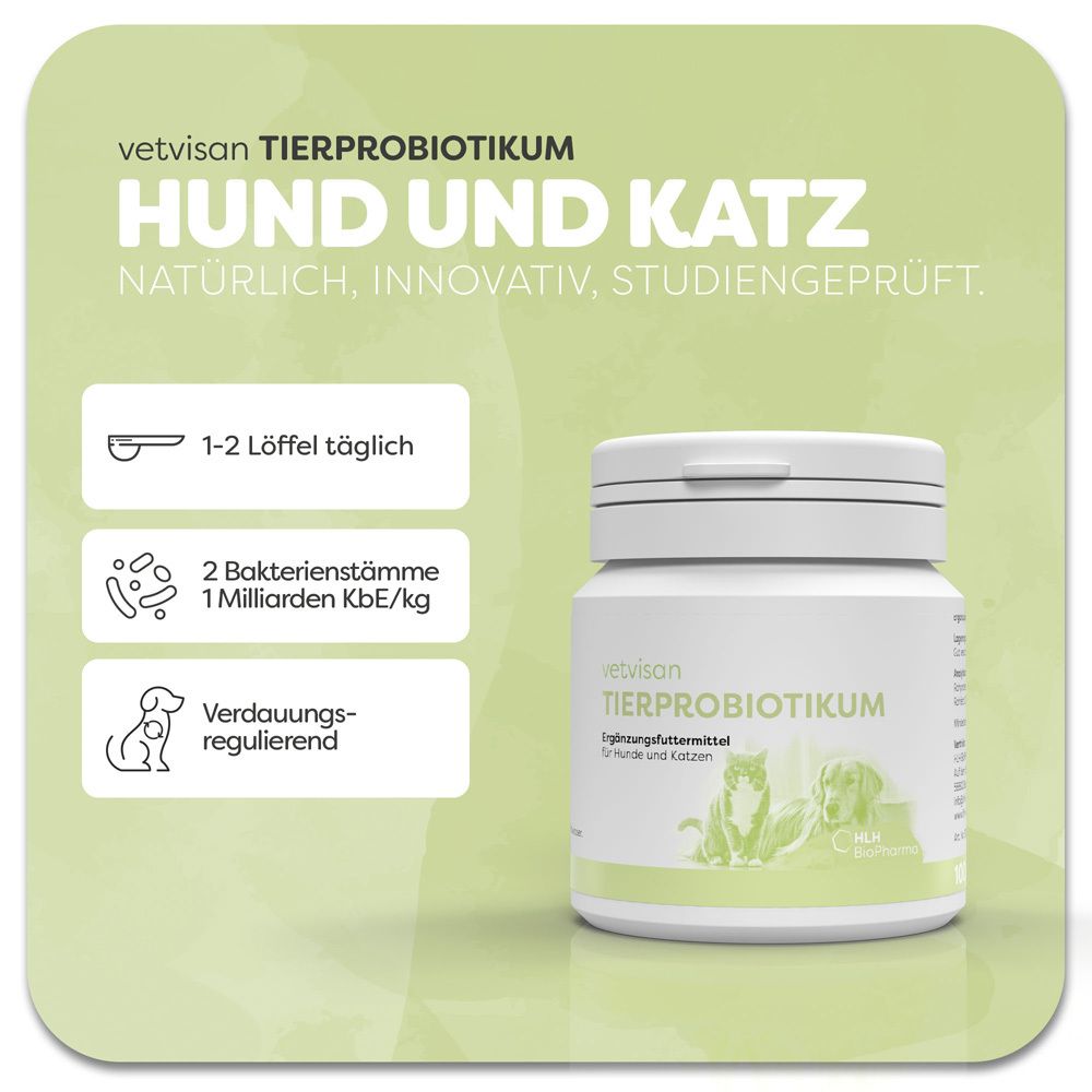 Produkt-Werbetafel mit Dose. Text: vetvisan Tierprobiotikum. Für Hunde und Katzen. 1-2 Löffel täglich.