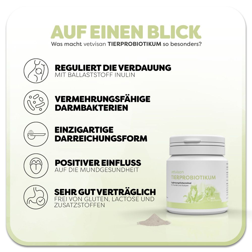 Werbetafel mit Dose. Text: vetvisan Tierprobiotikum. Reguliert die Verdauung. Gut verträglich.