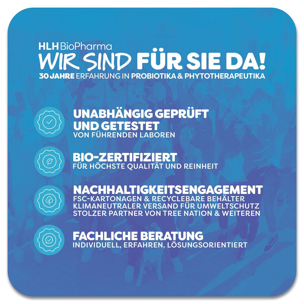 Werbetafel mit Text. Text: HLH BioPharma. 30 Jahre Erfahrung. Bio-zertifiziert. Nachhaltigkeit.
