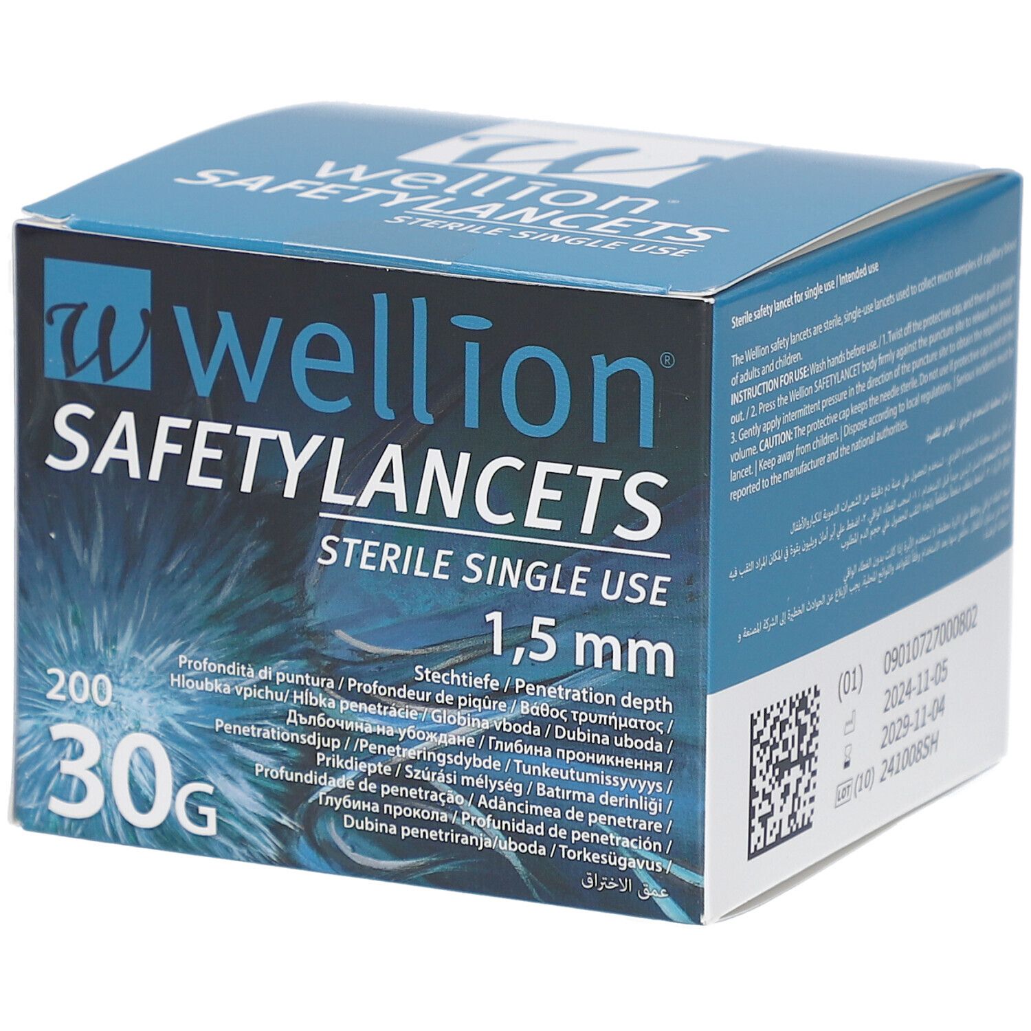 Blau-weiße Schachtel mit "Wellion SAFETYLANCETS". 1,5 mm, 30G, 200 Stück. Sterile Einmallanzetten. Text in mehreren Sprachen.