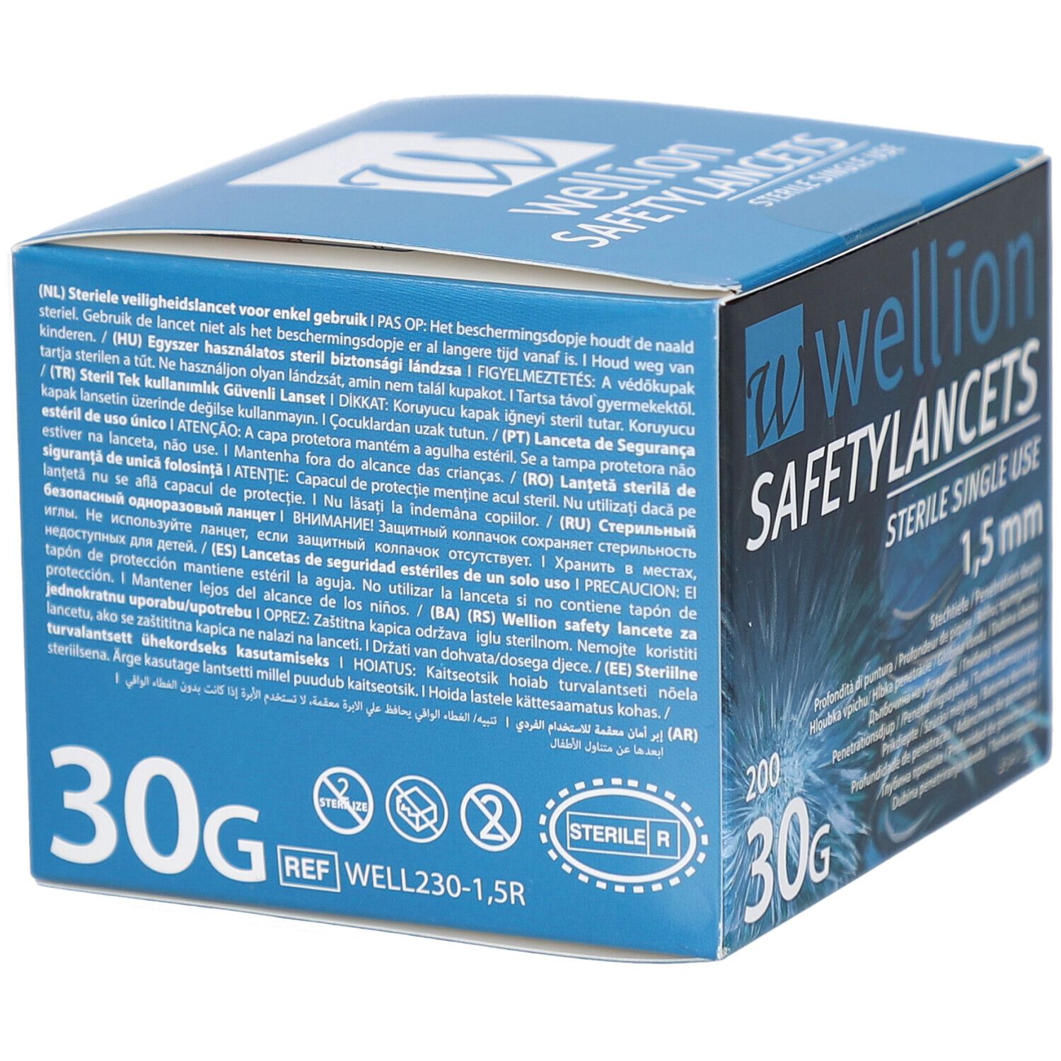 Blaue Schachtel mit "Wellion SAFETYLANCETS". 1,5 mm, 30G, 200 Stück. Sterile Einmallanzetten. Text in mehreren Sprachen.
