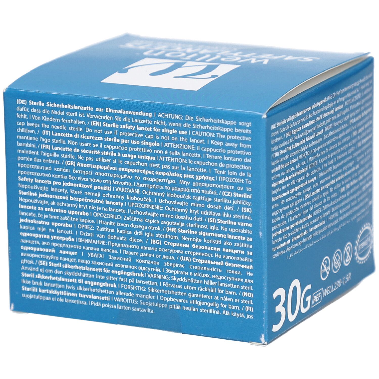 Blaue Schachtel mit Text in mehreren Sprachen. "Wellion SAFETYLANCETS", 30G. Sterile Einmallanzetten. Warnhinweise.