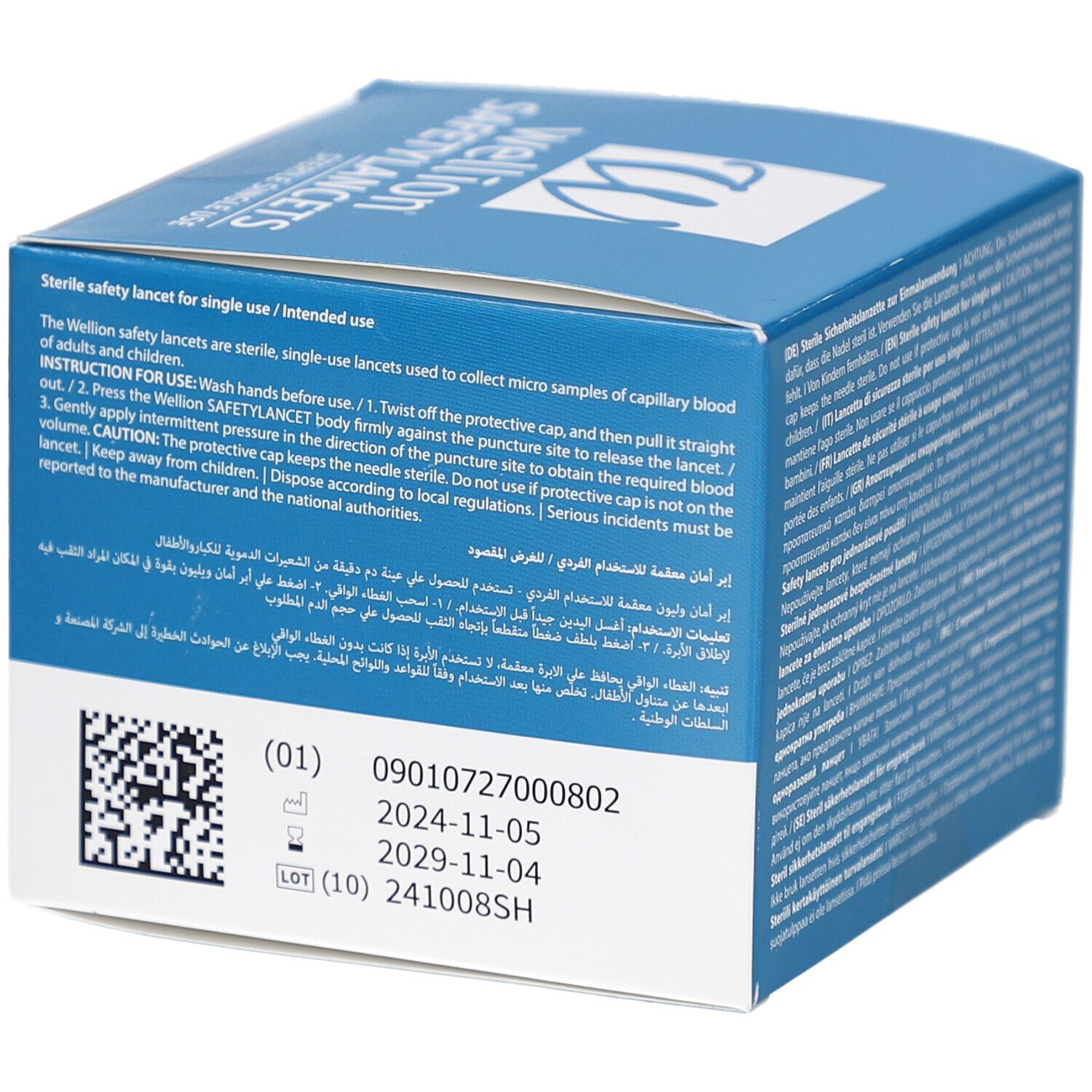 Blaue Schachtel mit Text in mehreren Sprachen. "Wellion SAFETYLANCETS", 30G. Sterile Einmallanzetten. Gebrauchsanweisung.