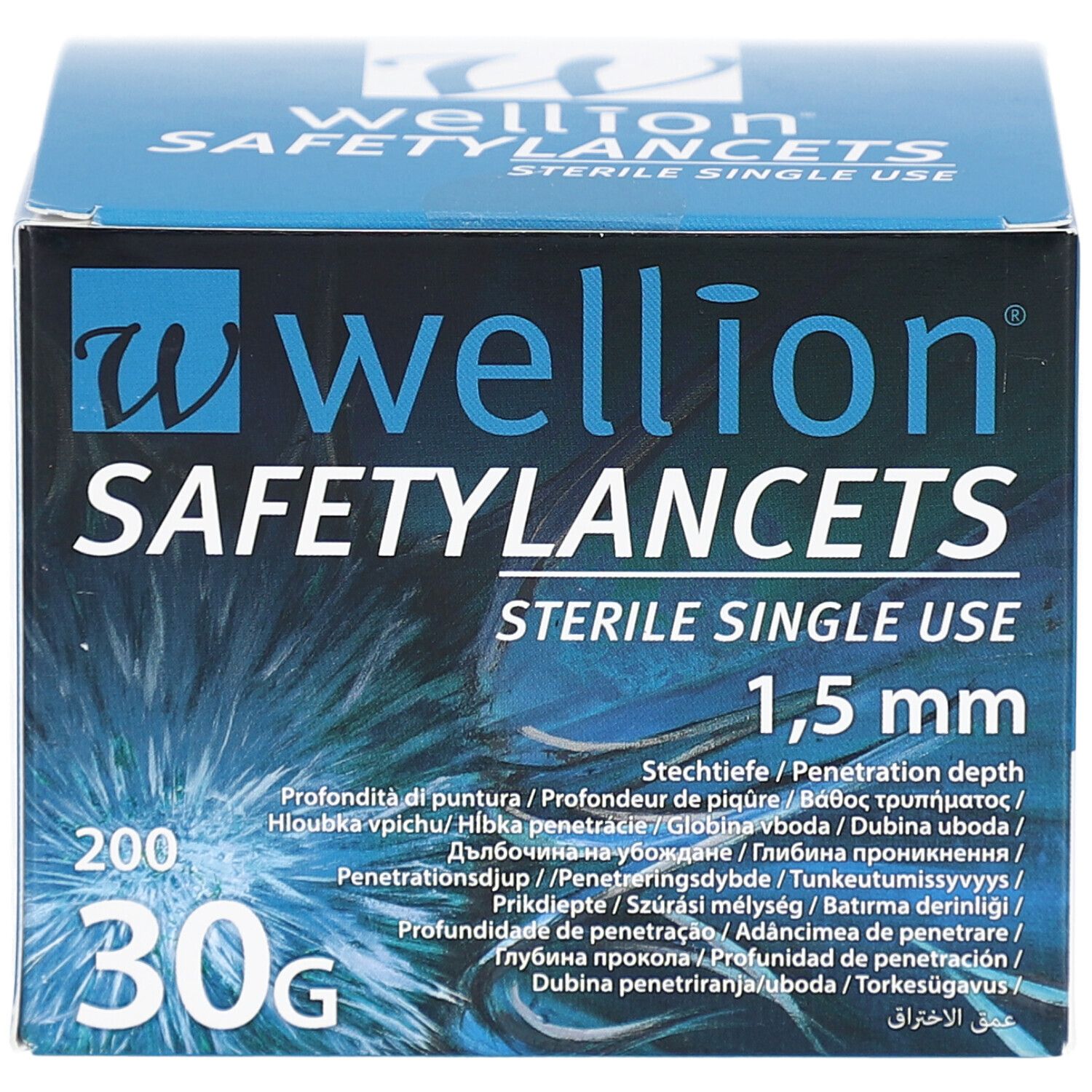 Blaue Schachtel mit "Wellion SAFETYLANCETS". 1,5 mm, 30G, 200 Stück. Sterile Einmallanzetten. Text in mehreren Sprachen.