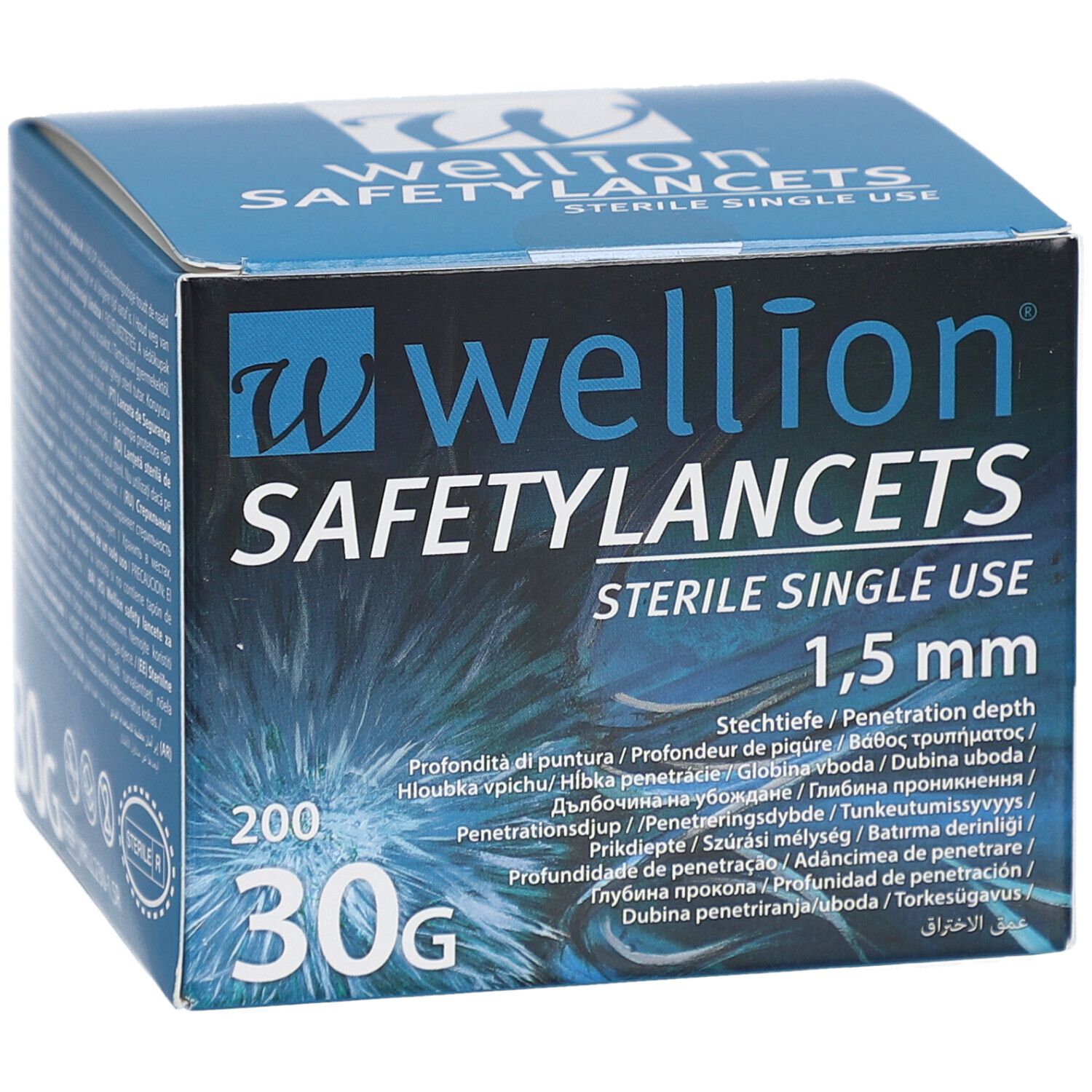 Blaue Schachtel mit "Wellion SAFETYLANCETS". 1,5 mm, 30G, 200 Stück. Sterile Einmallanzetten. Text in mehreren Sprachen.