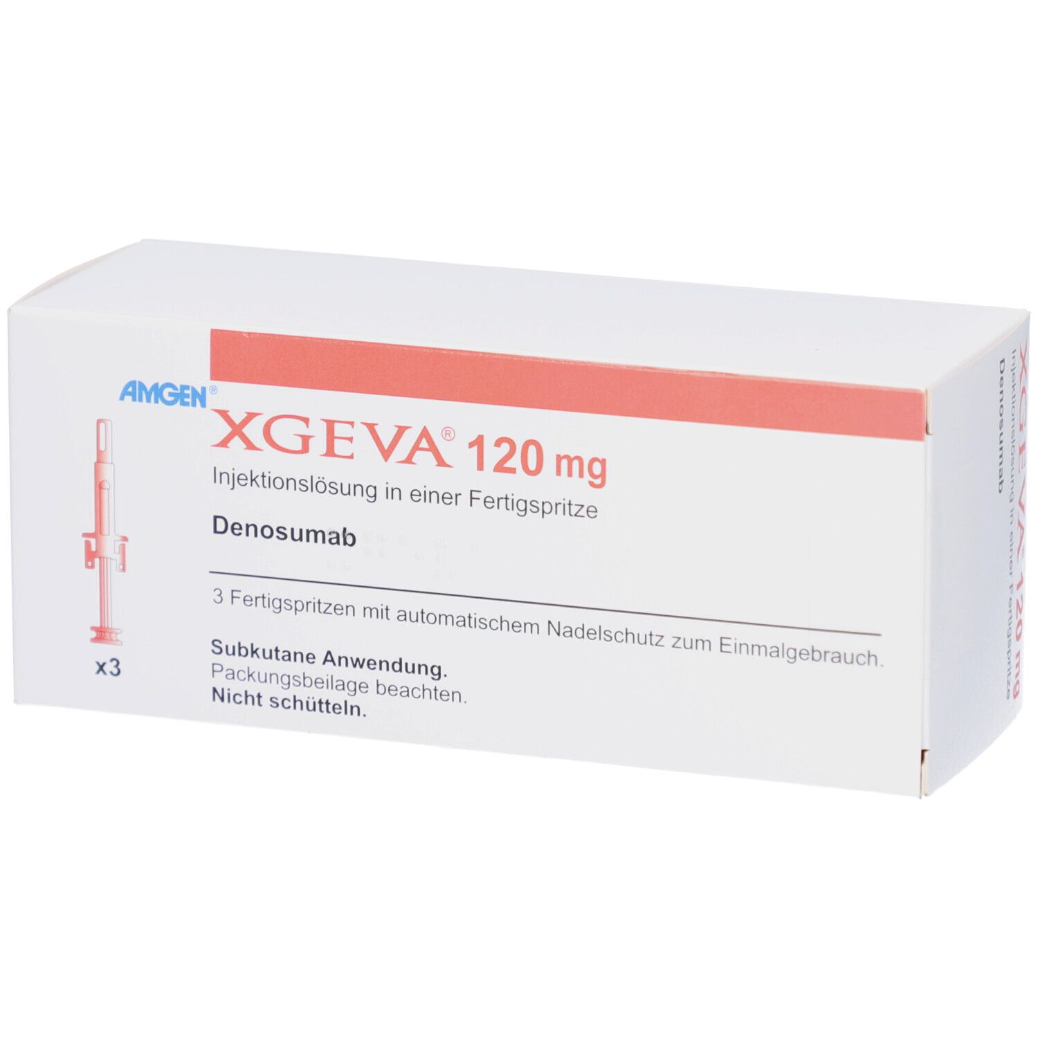 Schachtel mit XGEVA 120 mg Injektionslösung. Enthält 3 Fertigspritzen. Text: Denosumab, Subkutane Anwendung.