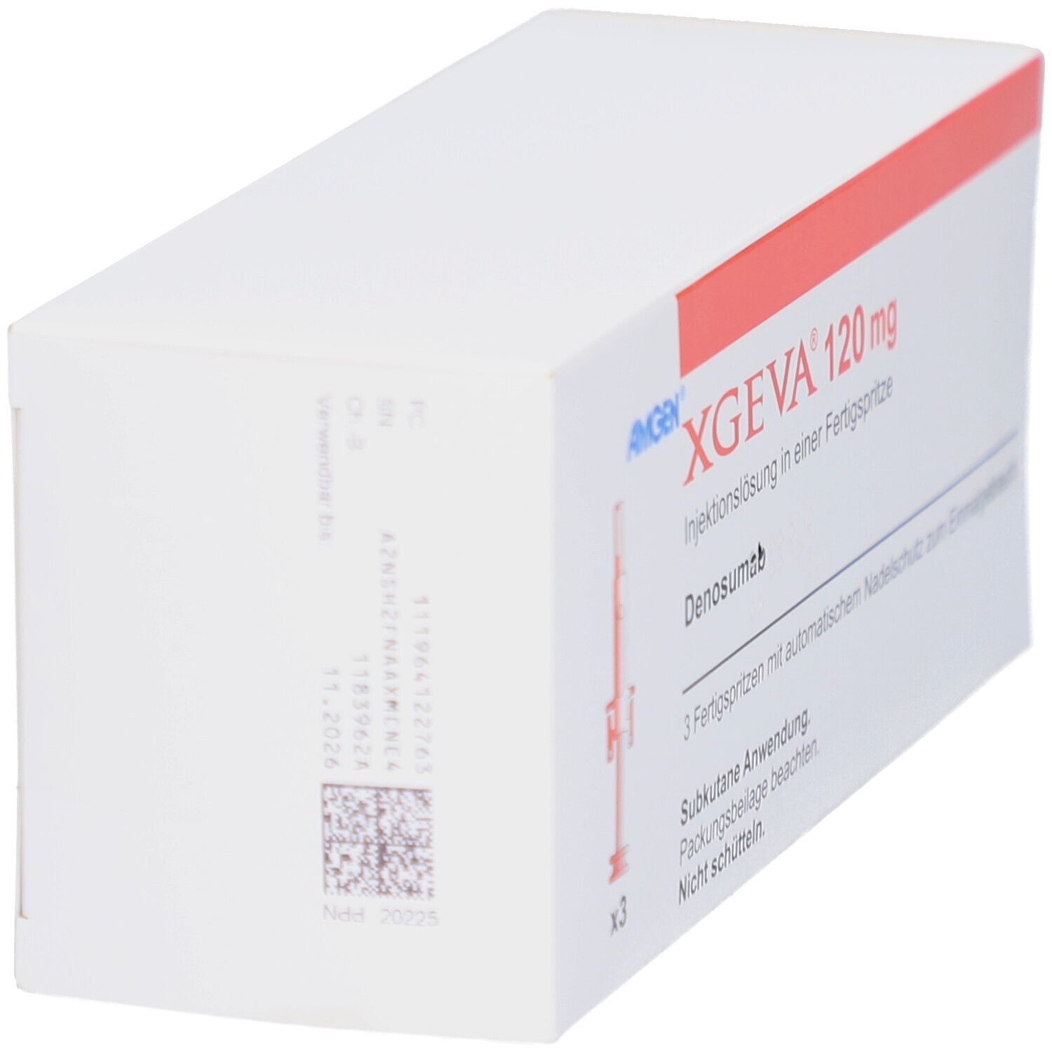 Schachtel XGEVA 120 mg. Weiße Verpackung mit rotem Streifen. Text: Denosumab, 3 Fertigspritzen, Subkutane Anwendung.
