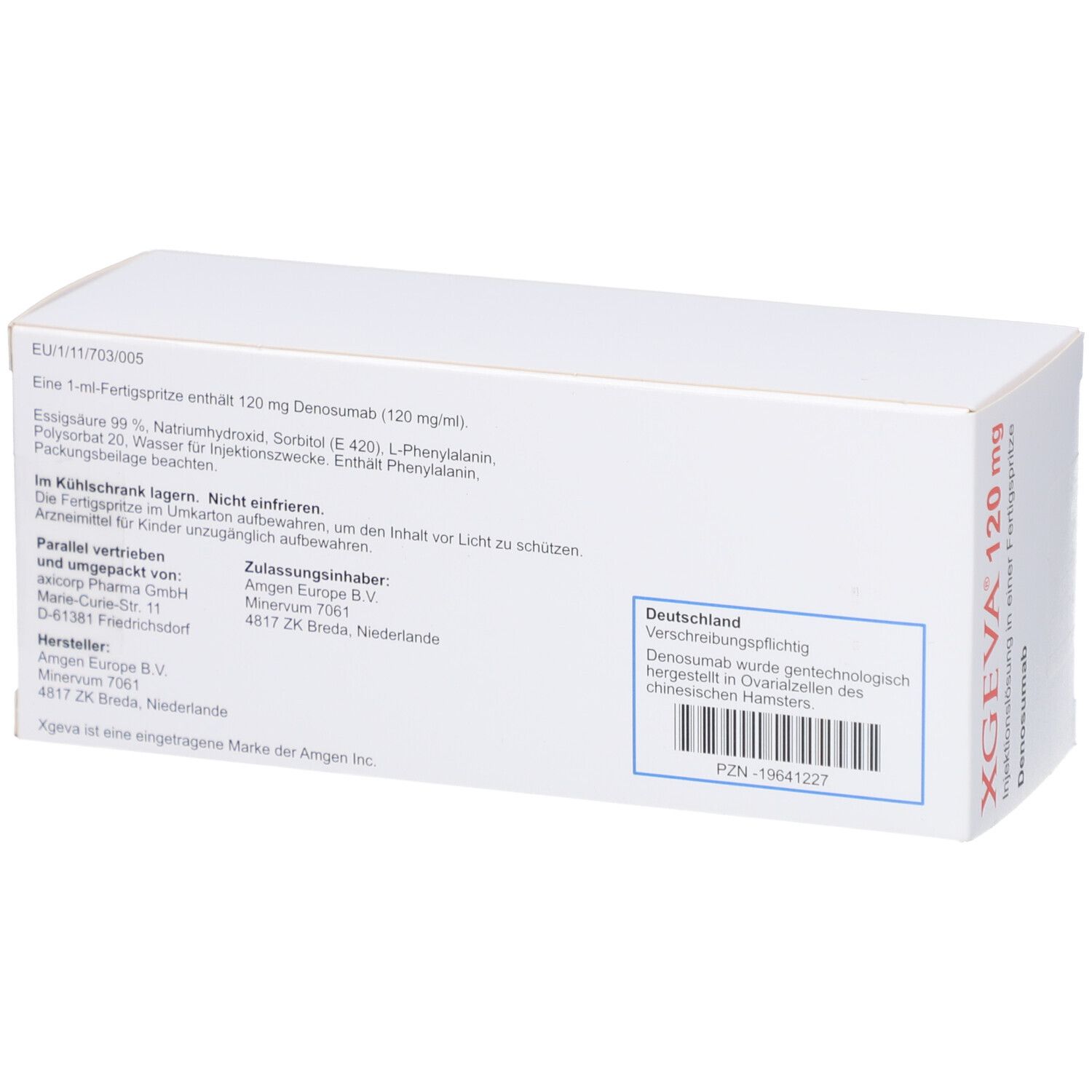 Rückseite der XGEVA 120 mg Verpackung. Text: Inhaltsstoffe, Hersteller, Chargennummer, PZN-19641227, Haltbarkeit.