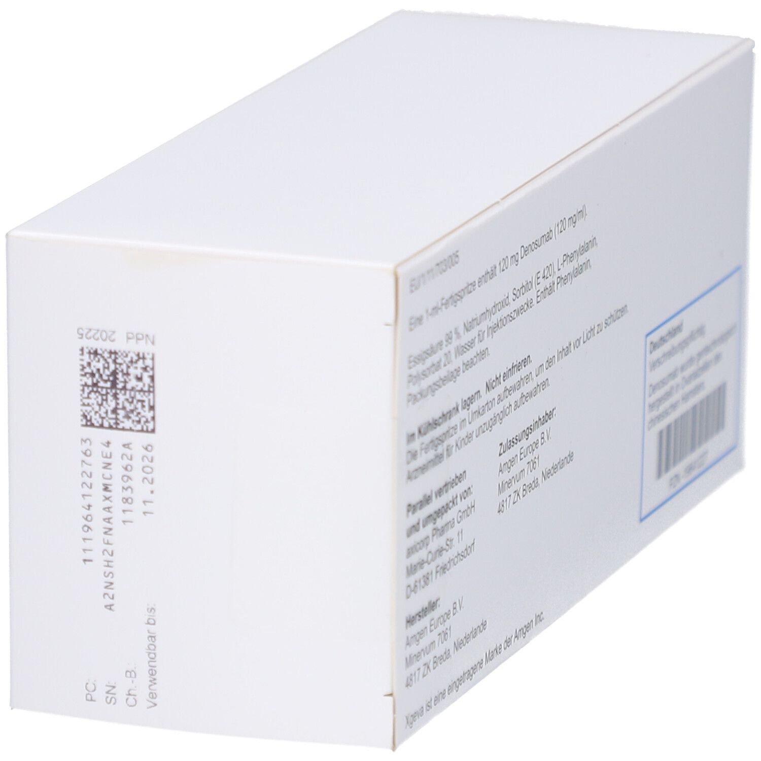 Rückseite der XGEVA 120 mg Verpackung. Text: Chargennummer, Verwendbar bis, Herstellerinformationen, PZN-19641227.