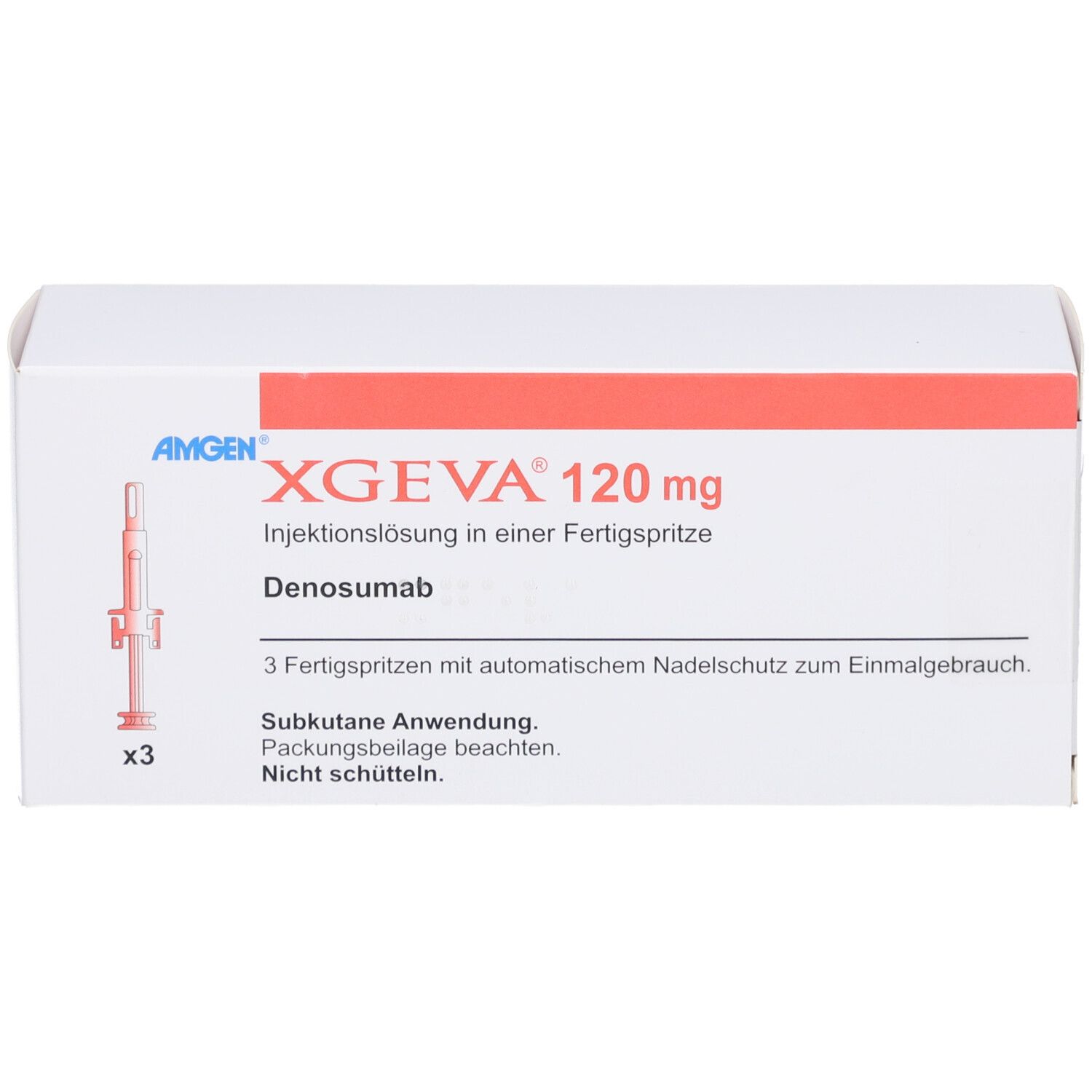 Schachtel XGEVA 120 mg. Enthält 3 Fertigspritzen. Text: Denosumab, Subkutane Anwendung, Nicht schütteln.