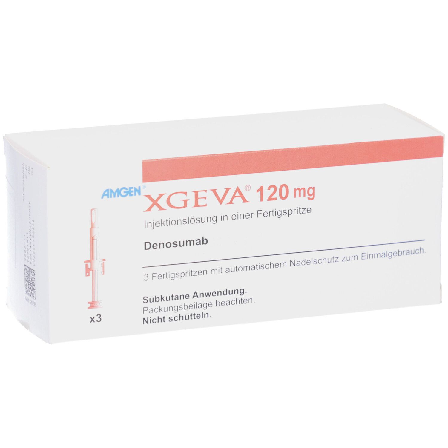 Schachtel XGEVA 120 mg. Enthält 3 Fertigspritzen. Text: Denosumab, Subkutane Anwendung, Nicht schütteln.