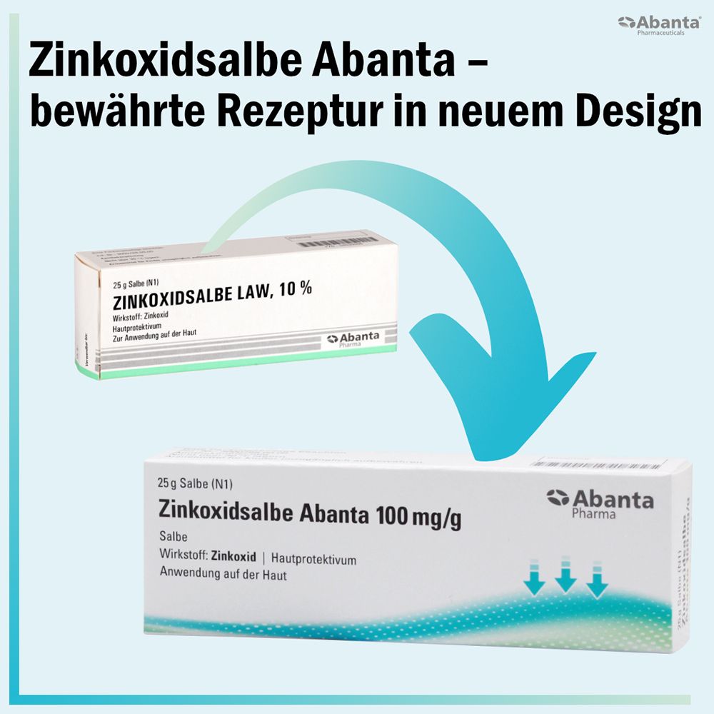 Zinkoxidsalbe Abanta 100 mg/g Salbe, 25g Tube. Wirkstoff: Zinkoxid. Hautschutz.