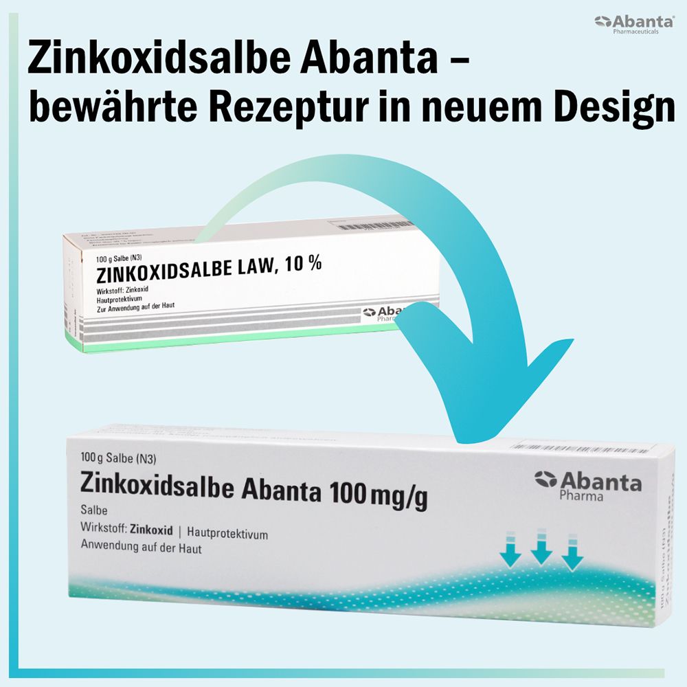 Vergleich von alter und neuer Verpackung der Abanta Zinkoxidsalbe 100 mg/g, mit Pfeil, der die Umstellung zeigt.
