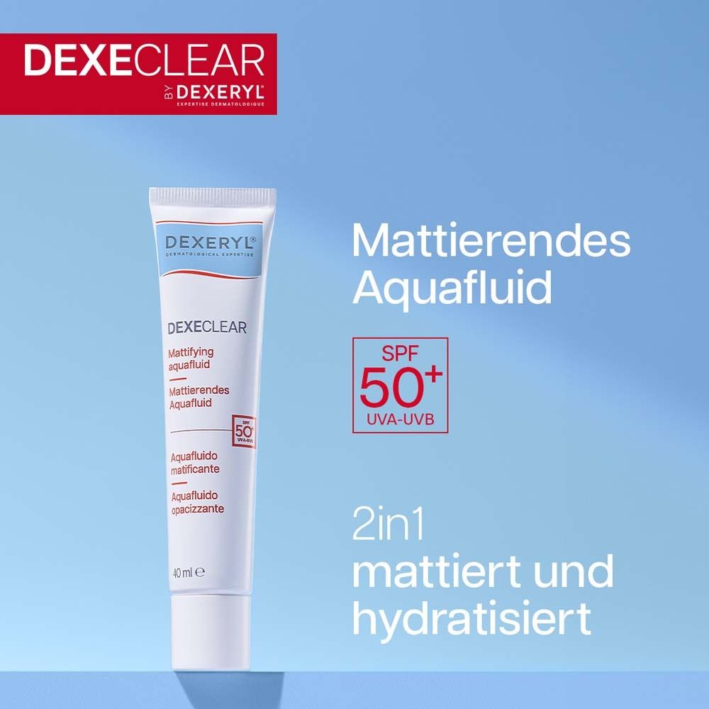 DEXECLAR mattierendes Aquafluid, SPF50+. Tube mit blauer und roter Beschriftung. Text: 2in1 mattiert und hydratisiert.