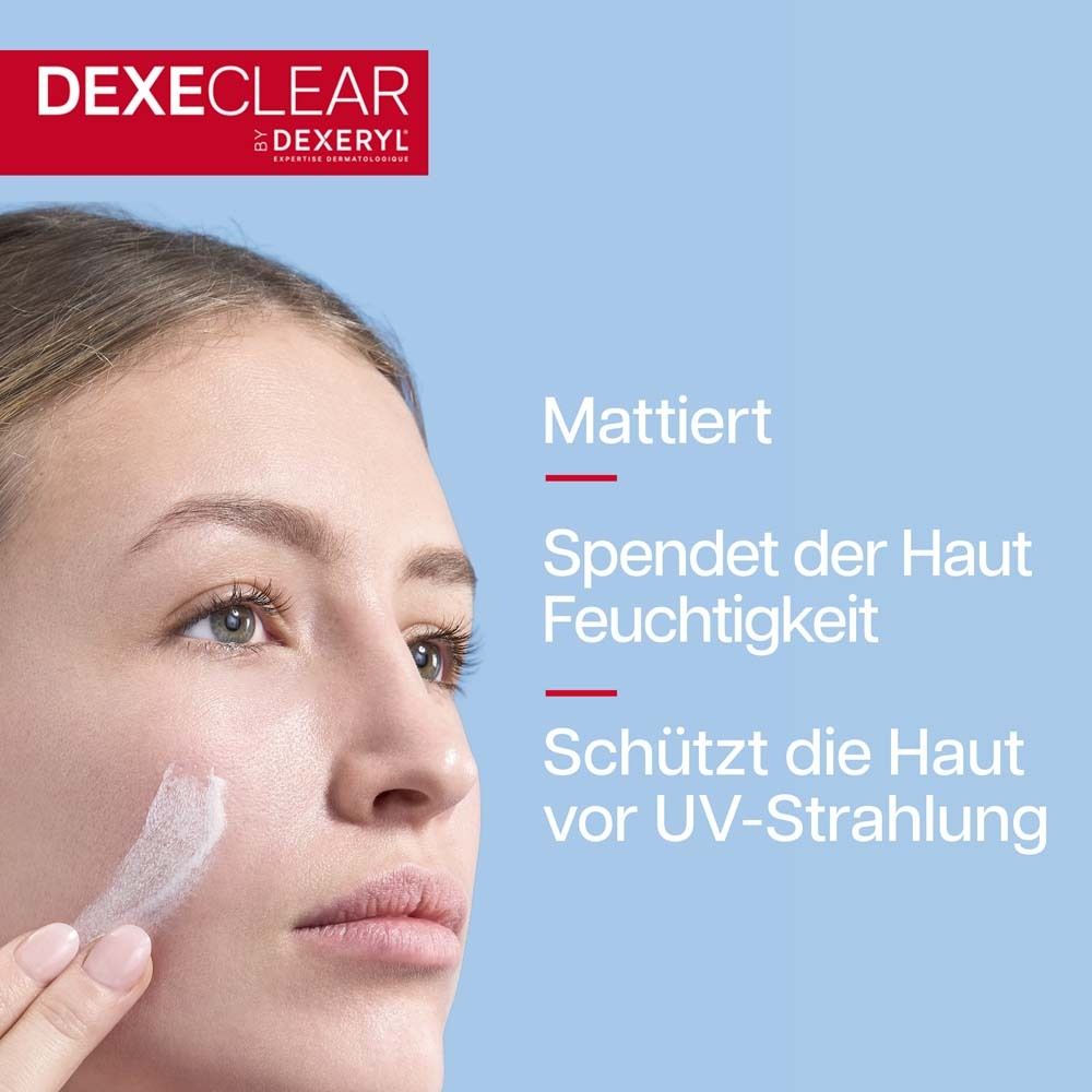 Frau mit mattierendem Aquafluid. Text: Mattiert, spendet Feuchtigkeit, schützt vor UV-Strahlung.