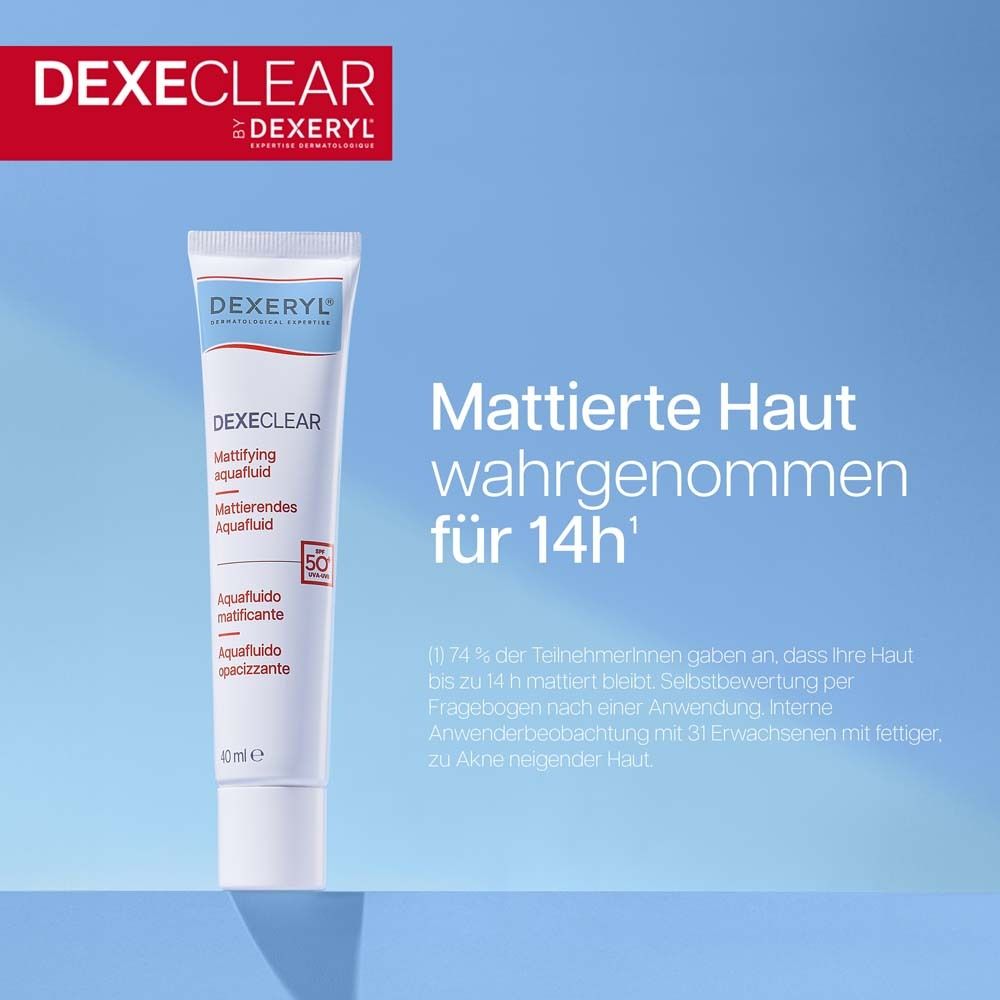 Tube DEXECLAR mattierendes Aquafluid. Text: Mattierte Haut wahrgenommen für 14h'. SPF50+.