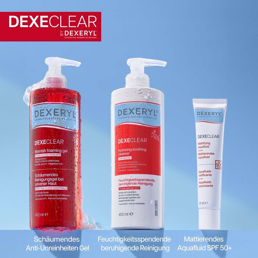 Drei Produkte: Flaschen und Tube. Text: Schaumendes Anti-Unreinheiten Gel, Feuchtigkeitsspendende beruhigende Reinigung, Mattierendes Aquafuid SPF 50+.