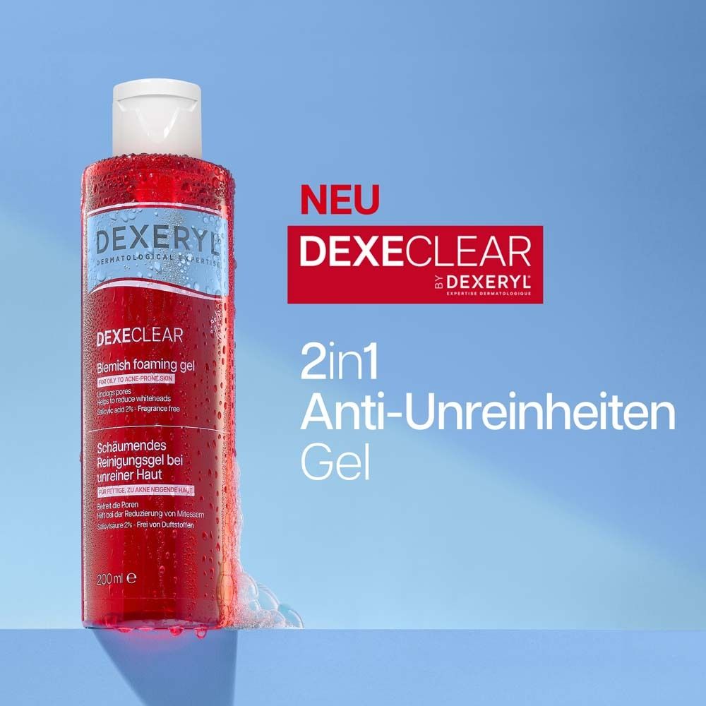Rote Flasche mit weißem Deckel. Text: DEXECLEAR, Blemish foaming gel, 2in1 Anti-Unreinheiten Gel.