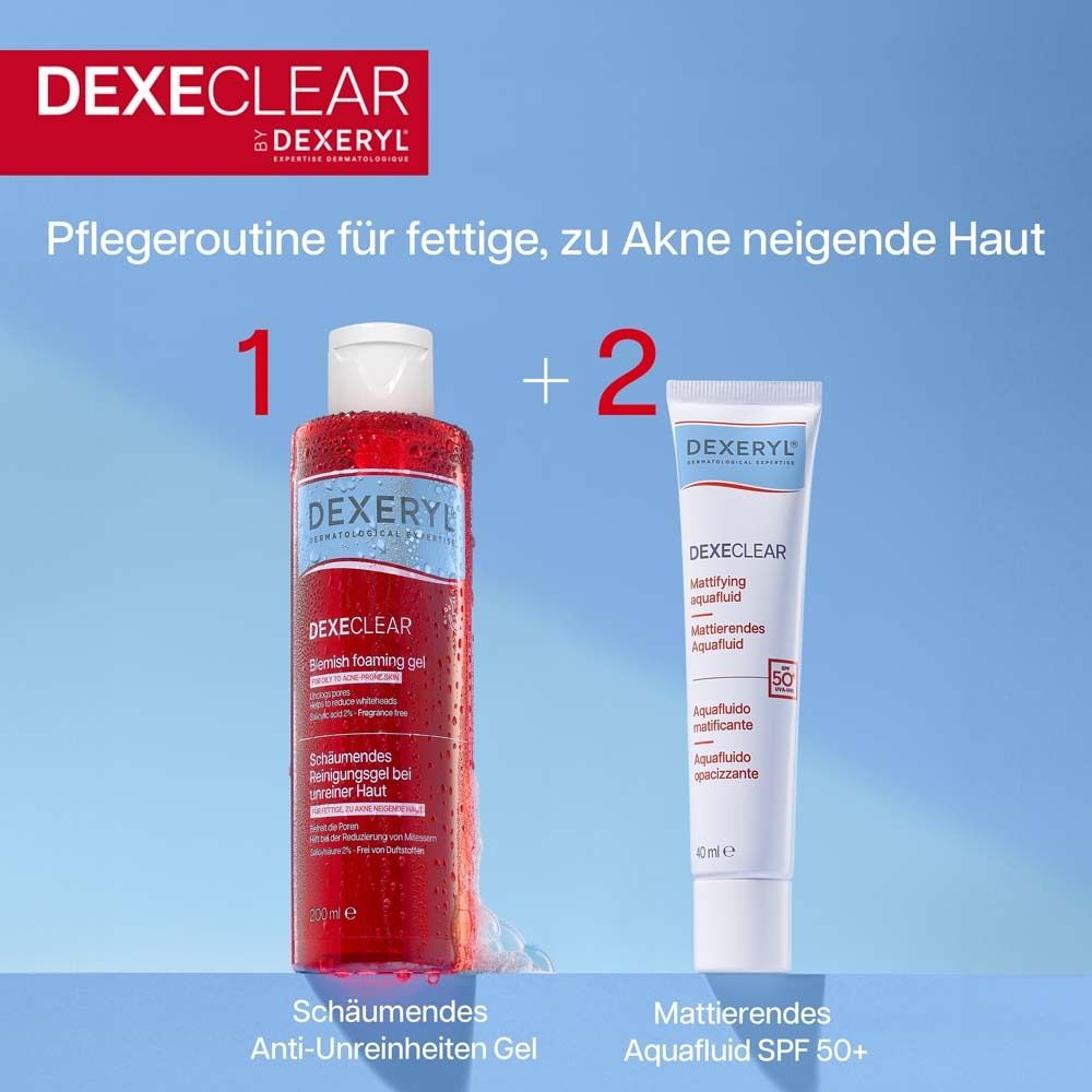 Produkt-Set: Flasche und Tube. Text: Pflege-Routine für fettige, zu Akne neigende Haut.