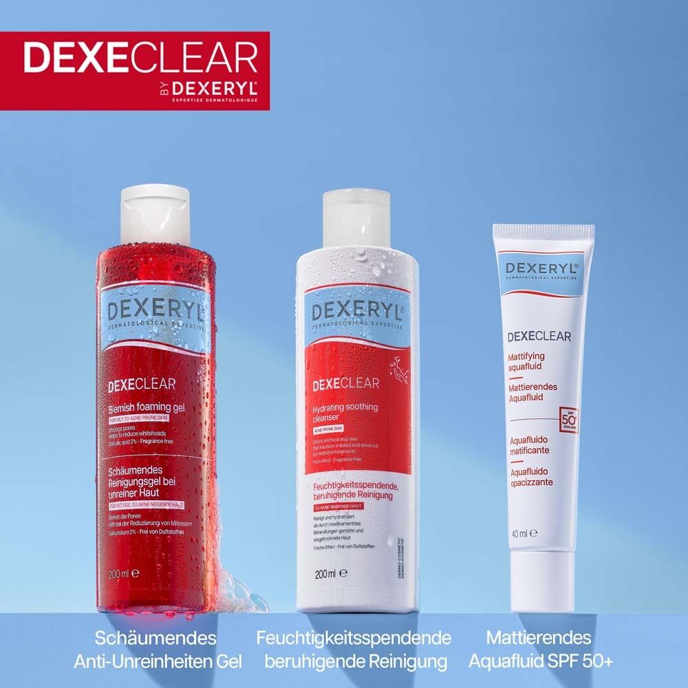 Drei Produkte: Flasche, Flasche und Tube. Text: Pflege-Routine für fettige, zu Akne neigende Haut.