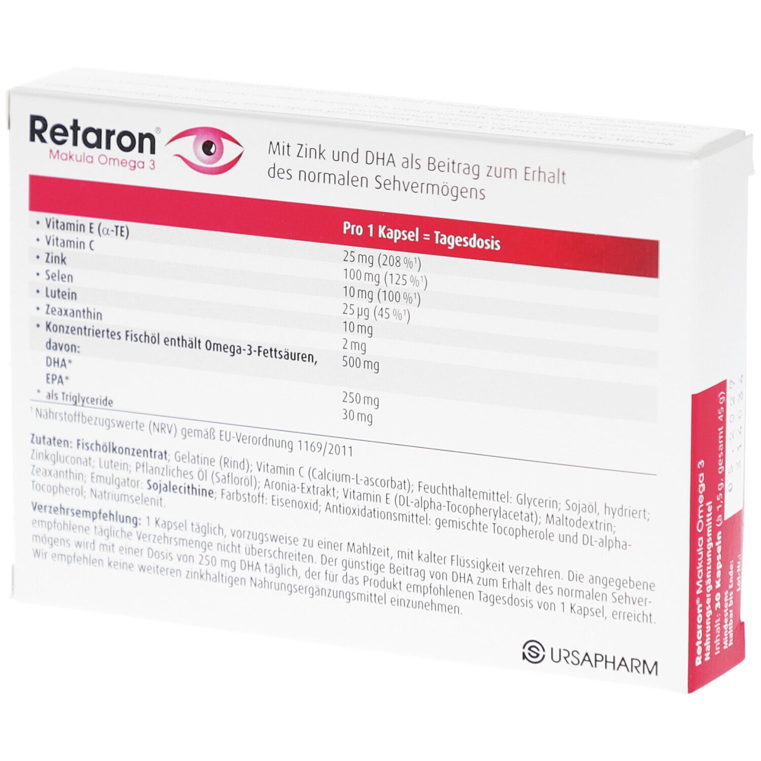Rückseite der Retaron Makula Omega 3-Verpackung. Enthält Nährwertangaben. Aufschrift: Zink, DHA, Omega-3-Fettsäuren, Lutein, Vitamin E und C.