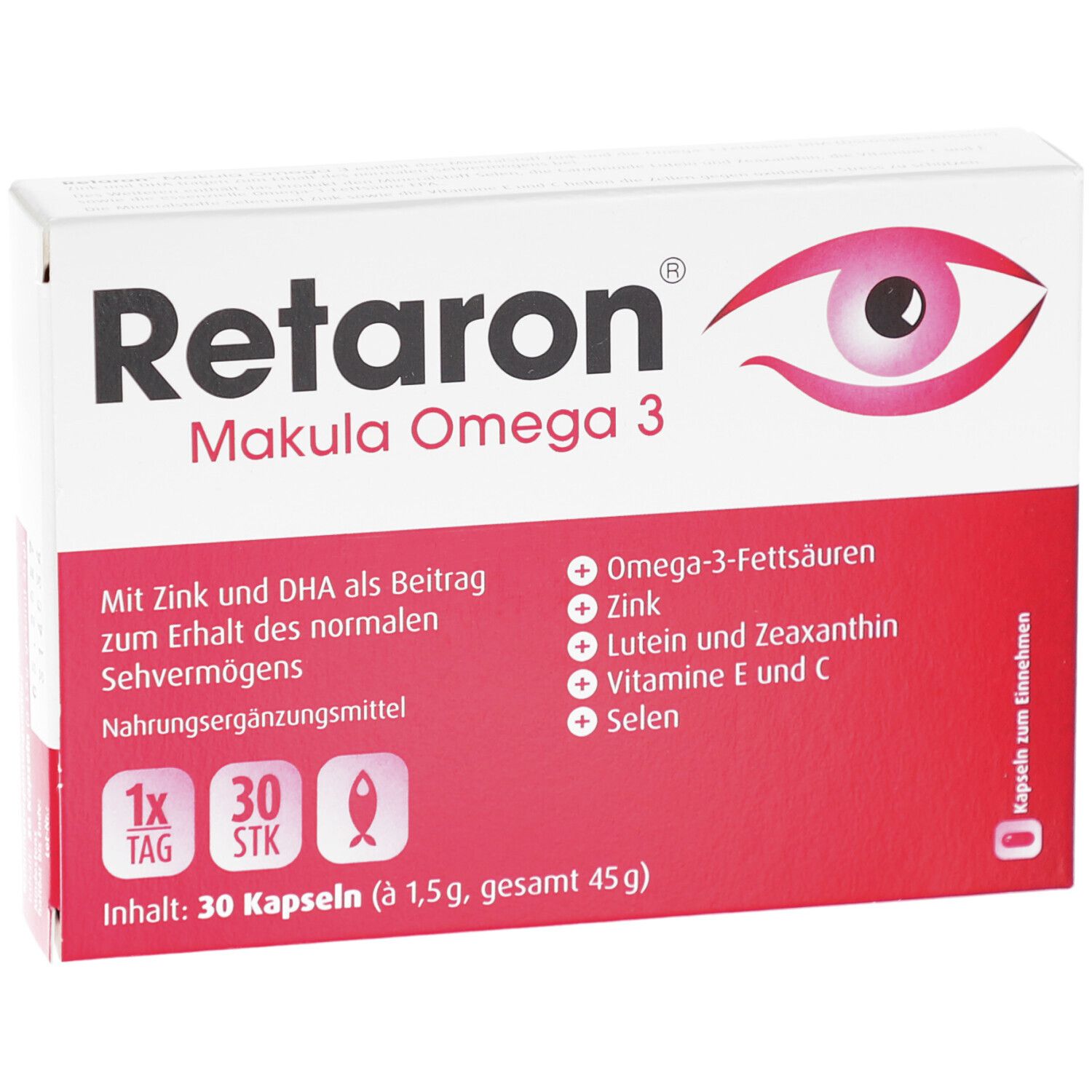 Retaron Makula Omega 3. Weiße Schachtel mit rotem Akzent. Enthält 30 Kapseln. Aufschrift: Zink, DHA, Omega-3-Fettsäuren, Lutein, Vitamin E und C.