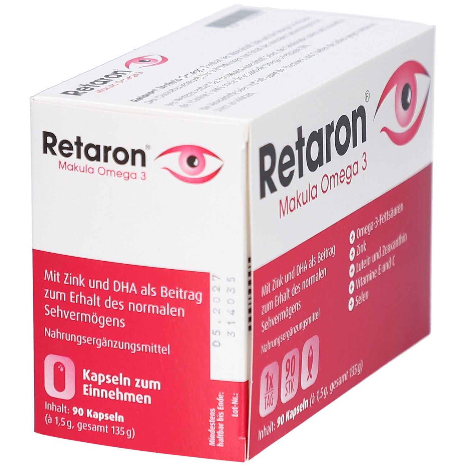 Retaron Makula Omega 3 Kapseln. Weiße Schachtel mit roter Schrift und Augensymbol. 90 Kapseln. Nahrungsergänzungsmittel. Haltbarkeit.