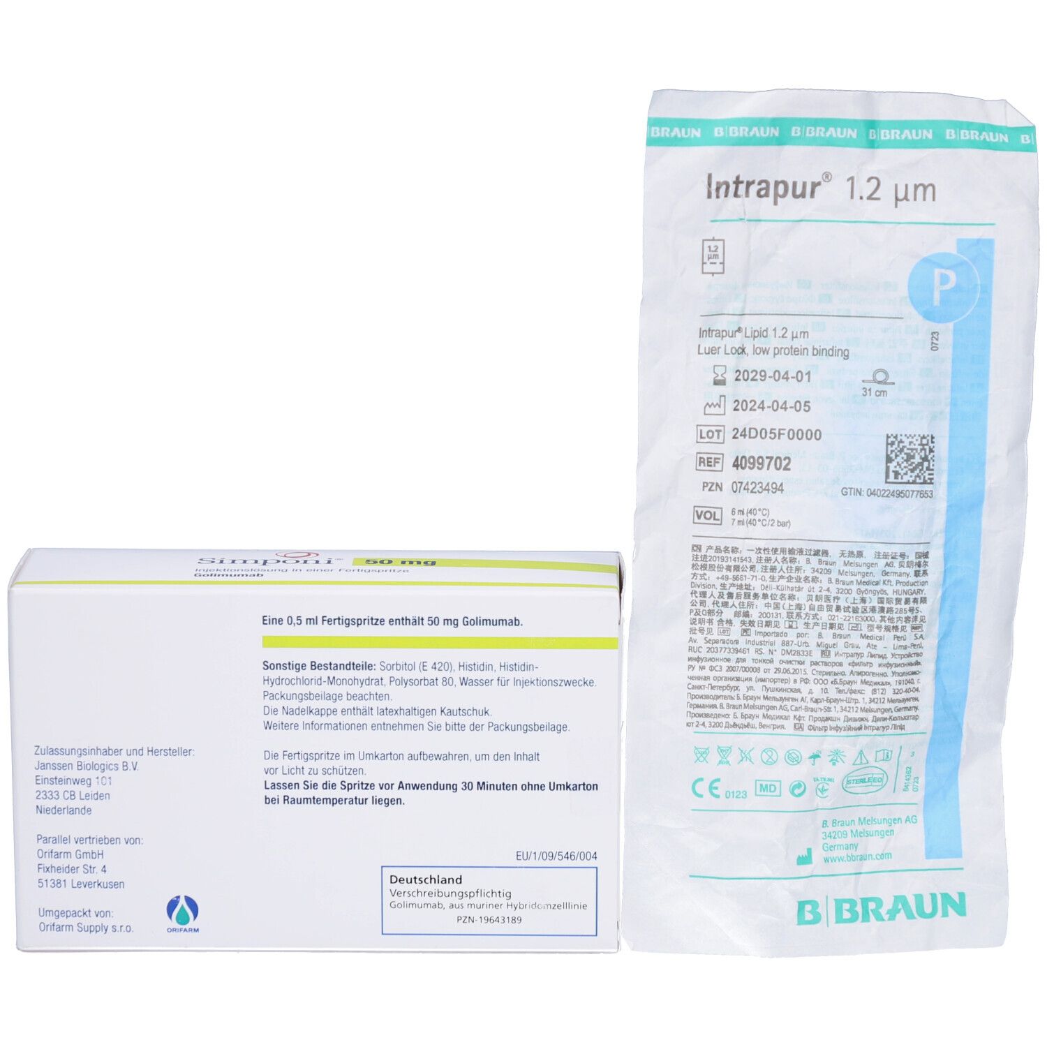 Rückseite der SIMPONI-Schachtel mit Produktinformationen und eine Folienverpackung. Beschriftung: Intrapur 1,2 µm.