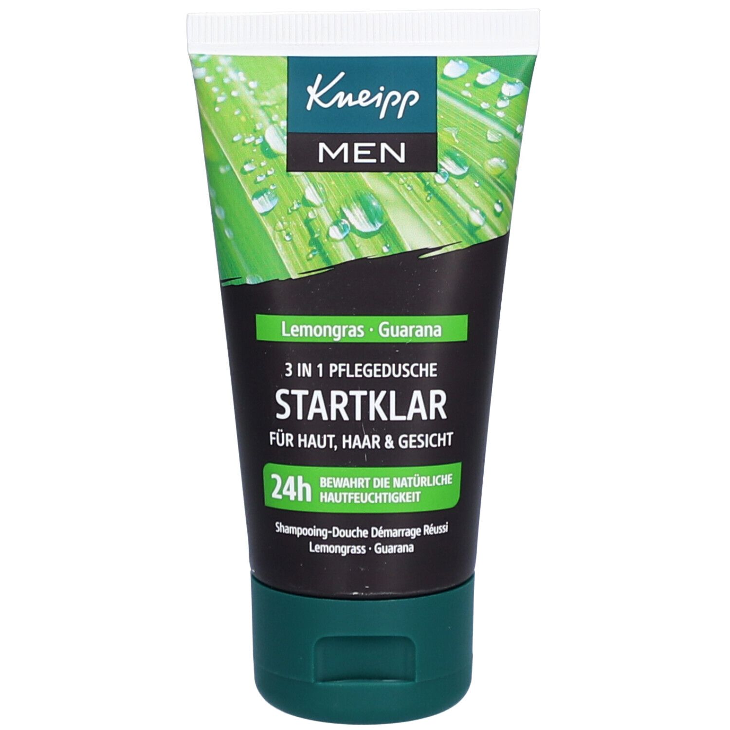 Tube mit Kneipp Men 3in1 Pflegedusche. Grün-schwarzes Design mit Produktnamen und Inhaltsangaben. Enthält Lemongras & Guarana.