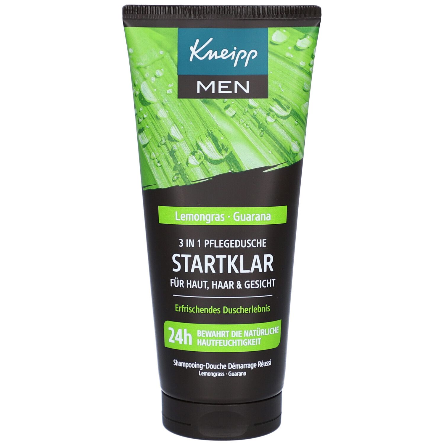 Grüne Tube mit schwarzem Deckel. Aufschrift: Kneipp MEN, Lemongras & Guarana, 3in1 Pflegedusche Startklar. Grün-weiße Grafik.